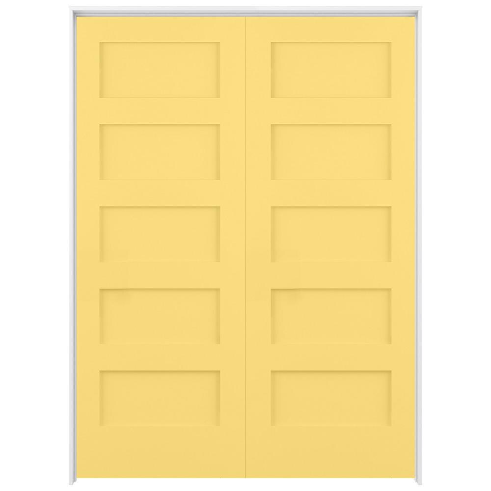 RELIABILT LO1369931 72-in x 80-in Marigold Solid core 5-panel equal Reversible/Universal Smooth Prefinished Pine Wood Flat Jamb Double Prehung Interior Door
