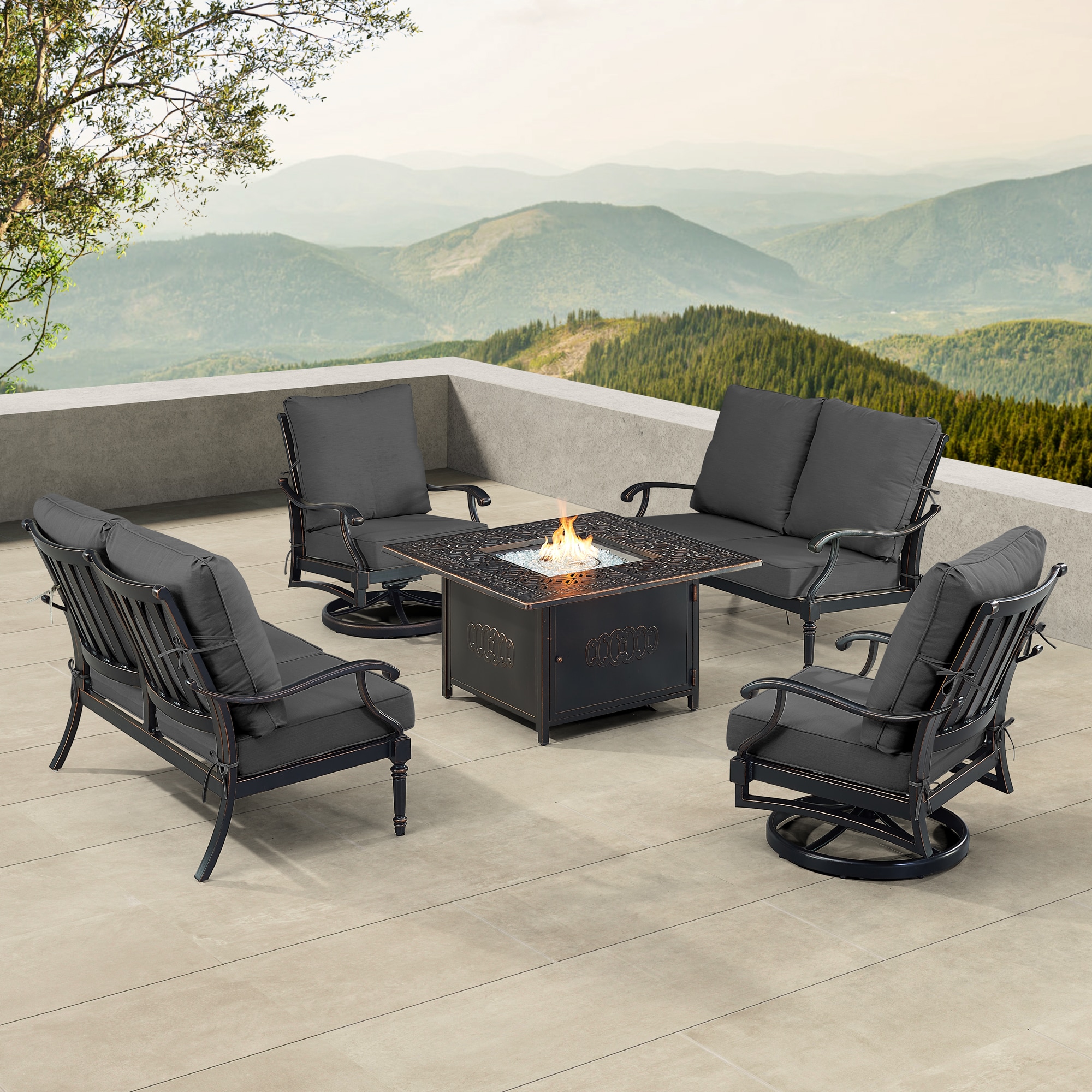 Oakland Living SHACO2LS2CHRONINBKCU Fire Pit Table Set, Two Loveseats, Two Lounge Chairs and Wind Guard 20 -Piece Patio Conversation Set with Black Cushions