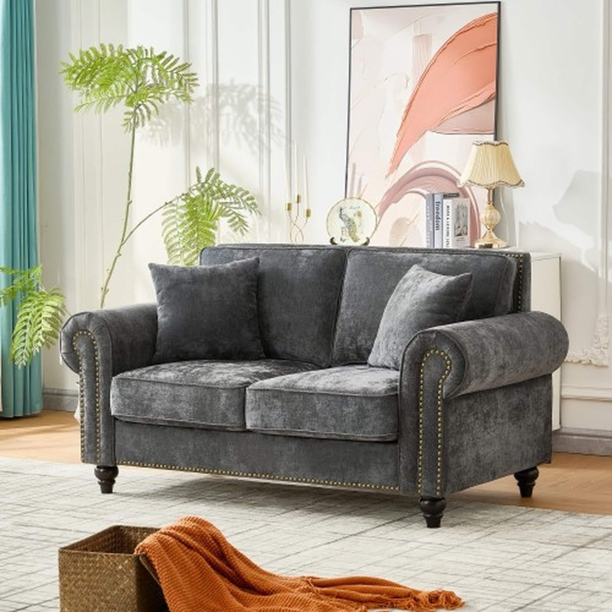 UOI 63 inch Gray Chenille Upholstered Loveseat with Rolled Arms and Nailhead Trim