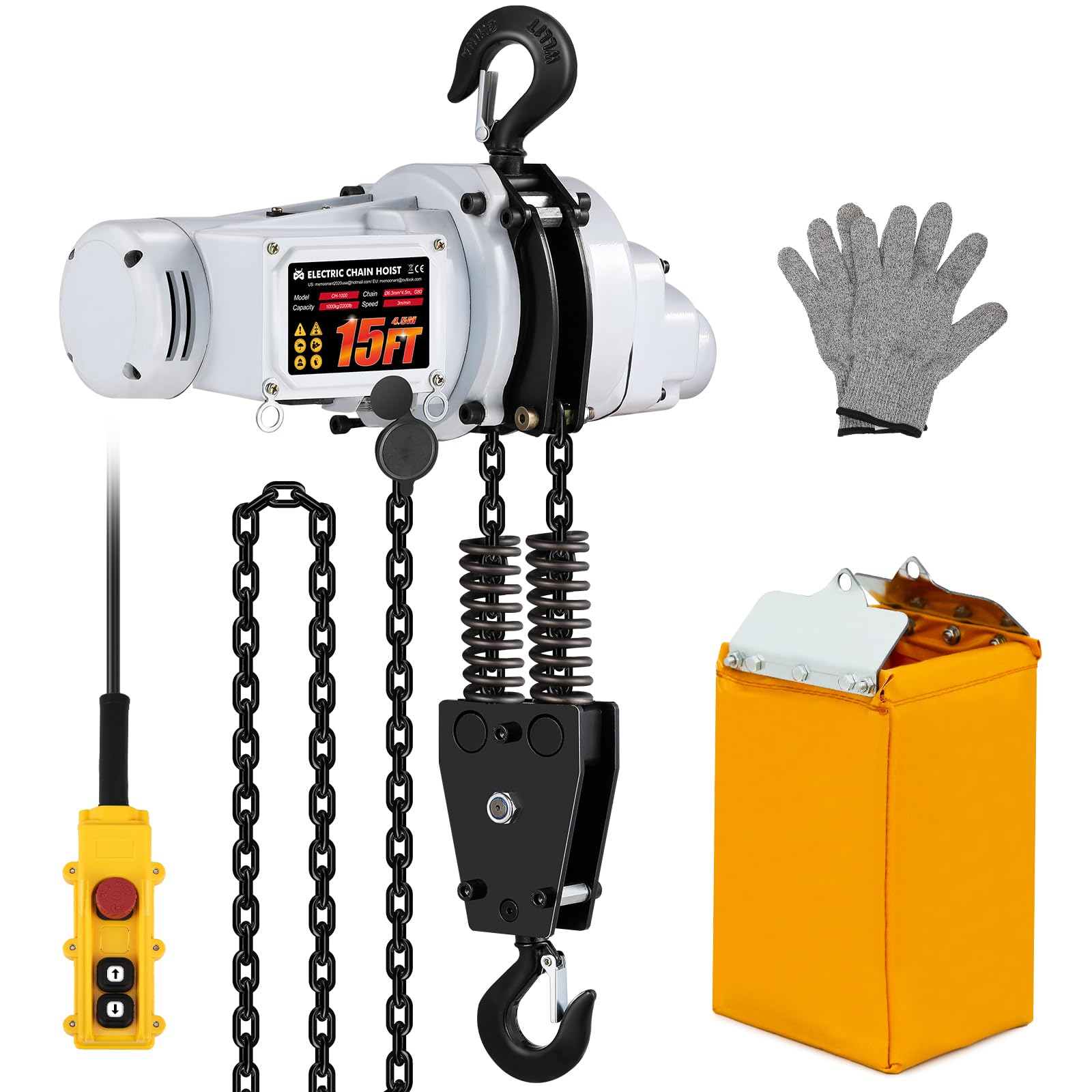 KHKFY  Electric Chain Hoist 2200lb Capacity G80 Double Chain 15ft Lifting Height 110V Wired Control with Emergency Stop for Garage Warehouse and