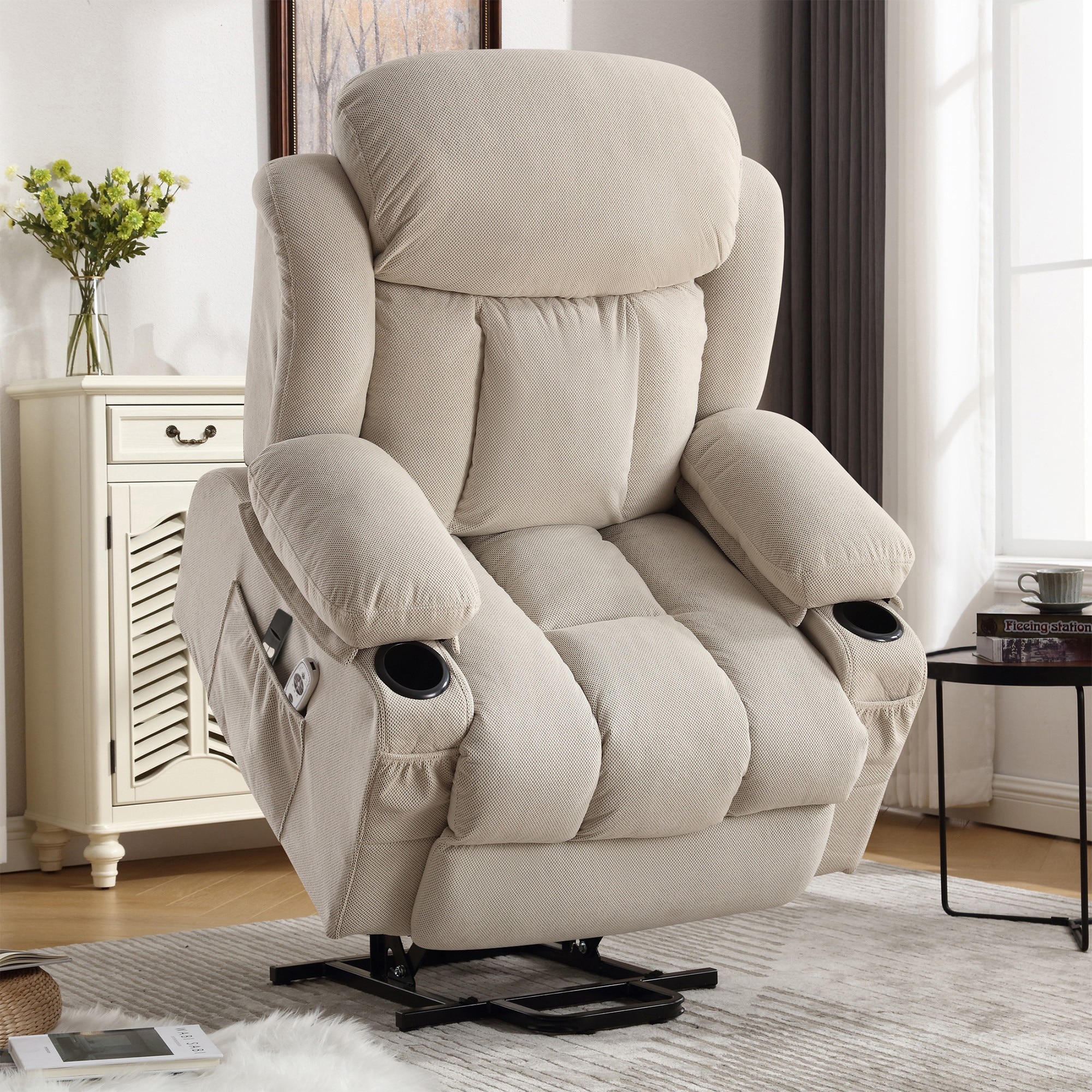 Dimakai DK-VA-98192 Beige Velvet Upholstered Tufted Swivel Powered Reclining Zero Gravity Massage chair with Lift Assistance
