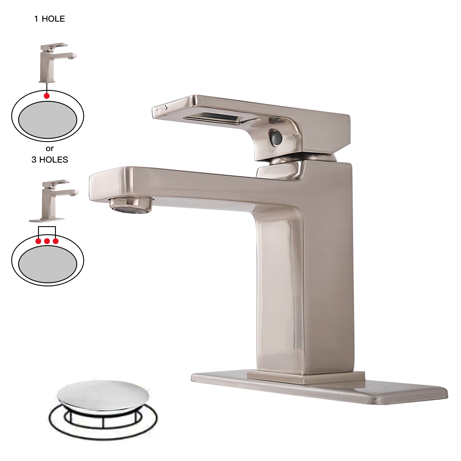 BWE A-96036-N Brushed Nickel Single hole 1-handle WaterSense Mid-arc Commercial/Residential Handle Bathroom Sink Faucet with Drain with Deck Plate