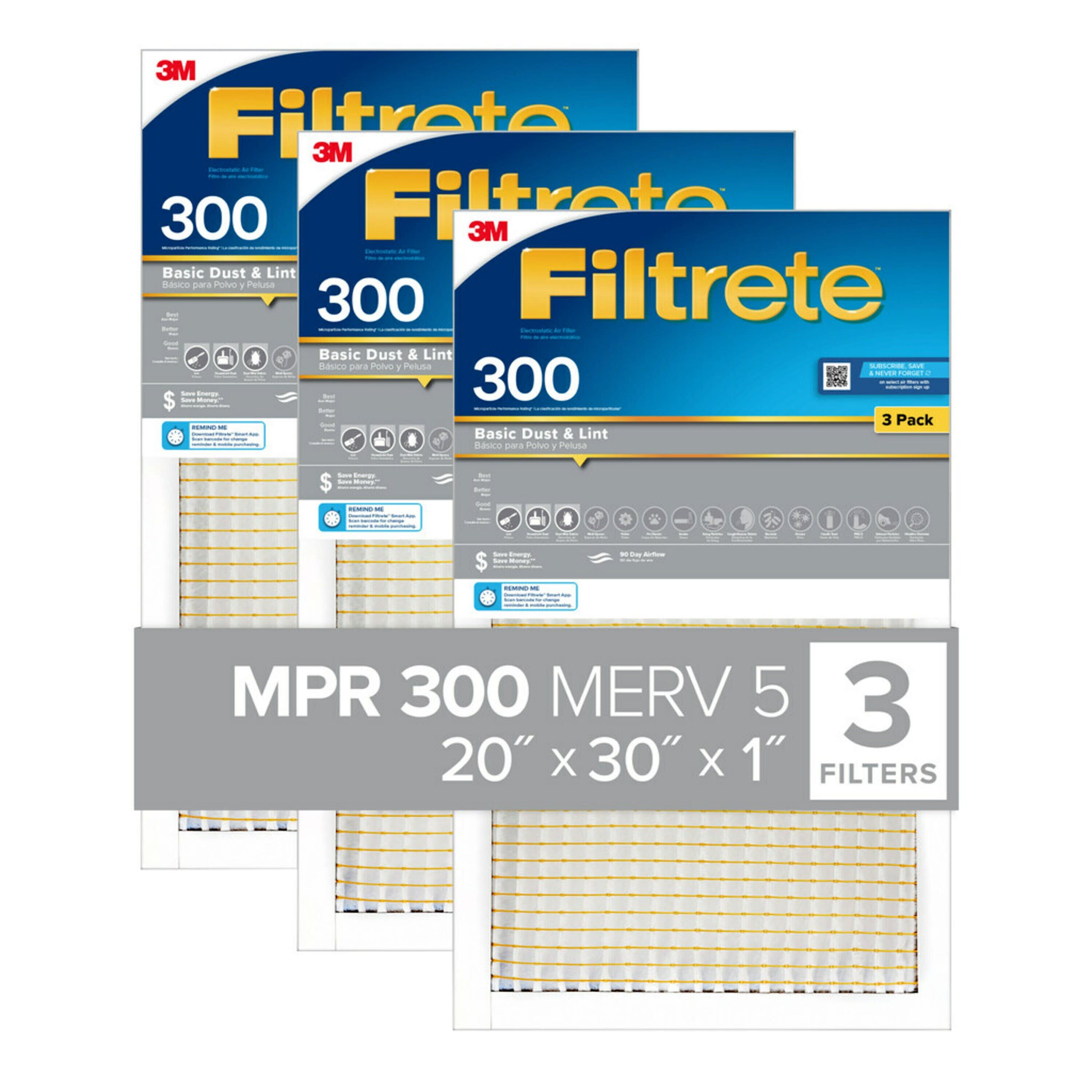 20-in W x 30-in L x 1-in 5 MERV 300 MPR Basic Dust and Lint Electrostatic Air Filter (3-Pack) | - Filtrete 322DC-3PK-4
