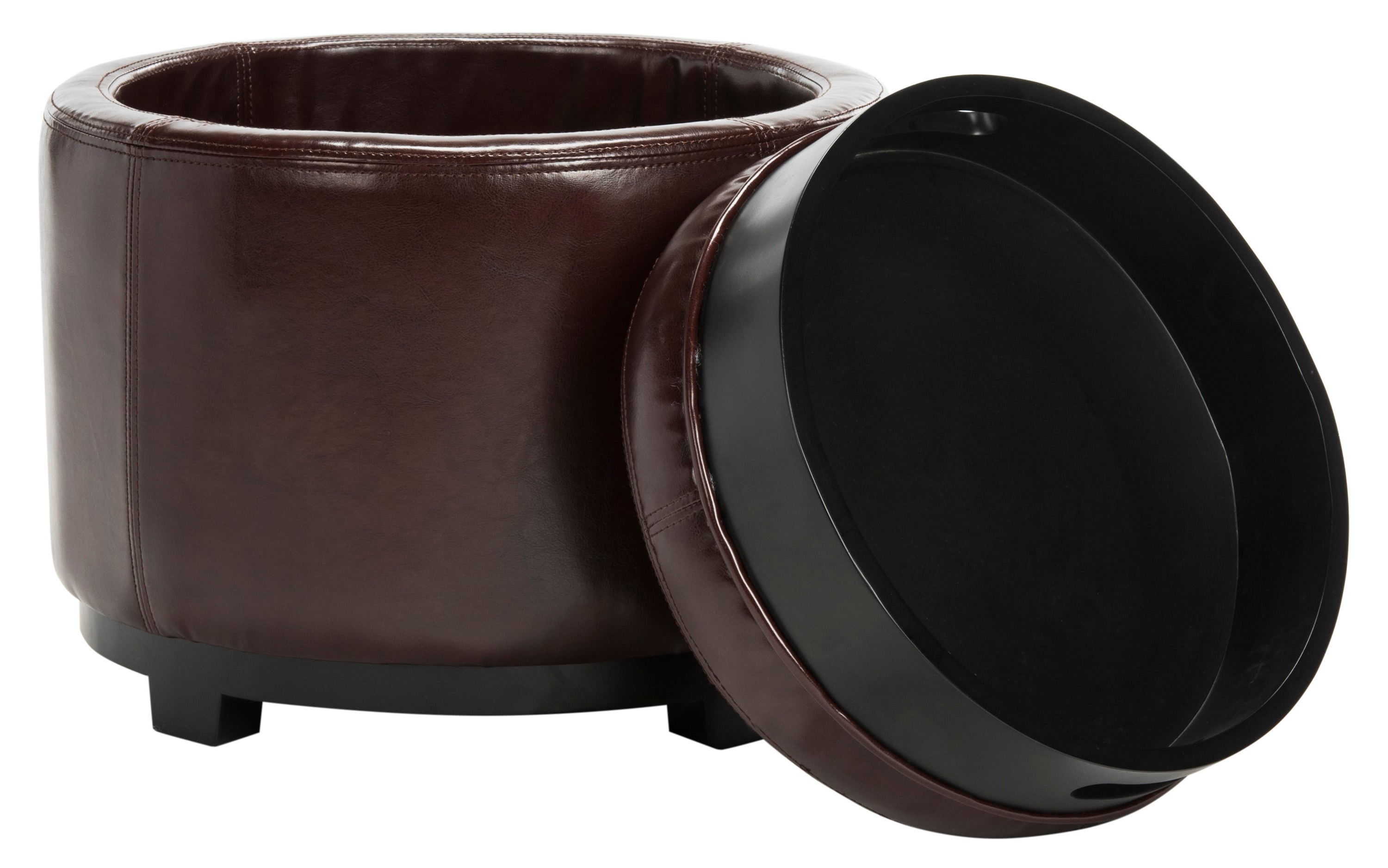 Transitional Cordovan Round Ottoman with Storage Tray