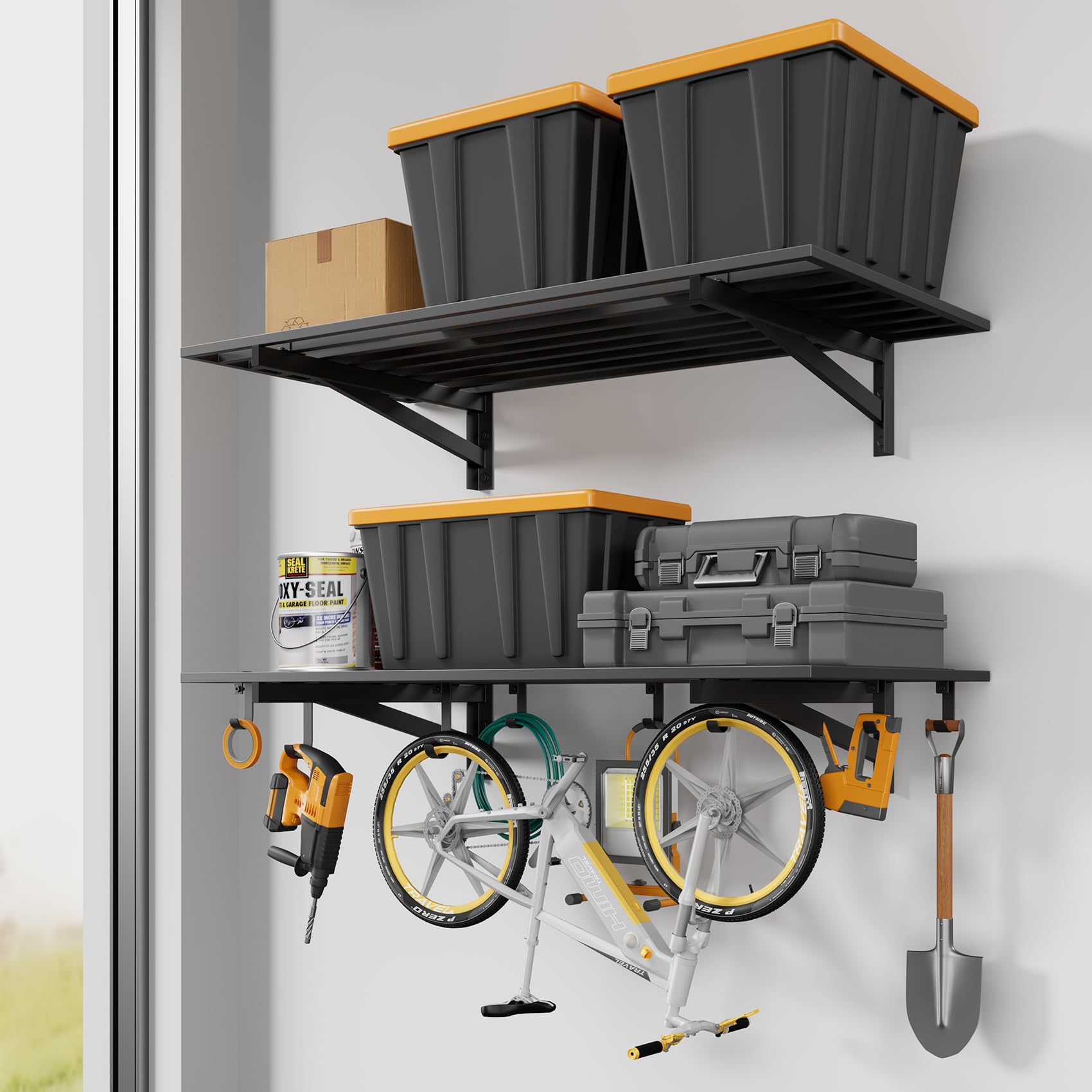 Oyezvary  Heavy Duty Wall Mounted Garage Shelving 2 Pack Two 2 by 4 Foot Steel Storage Shelves with Hooks for Garage Organization