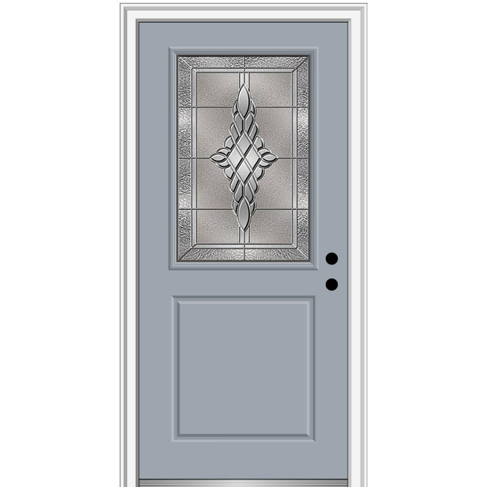 MMI DOOR ZZ3667464L 32-in x 80-in x 6-9/16-in Fiberglass Half lite Left-hand inswing Storm Cloud Painted Prehung Front Door with Brickmould Insulating core