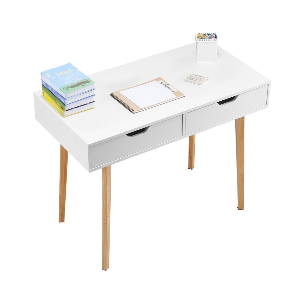 GIVIMO 39-in Small Kids Desk with Drawers White Wood Study Table for Bedroom Writing Drawing Reading Rectangle MDF Storage Desk 100-lb Top Capacity