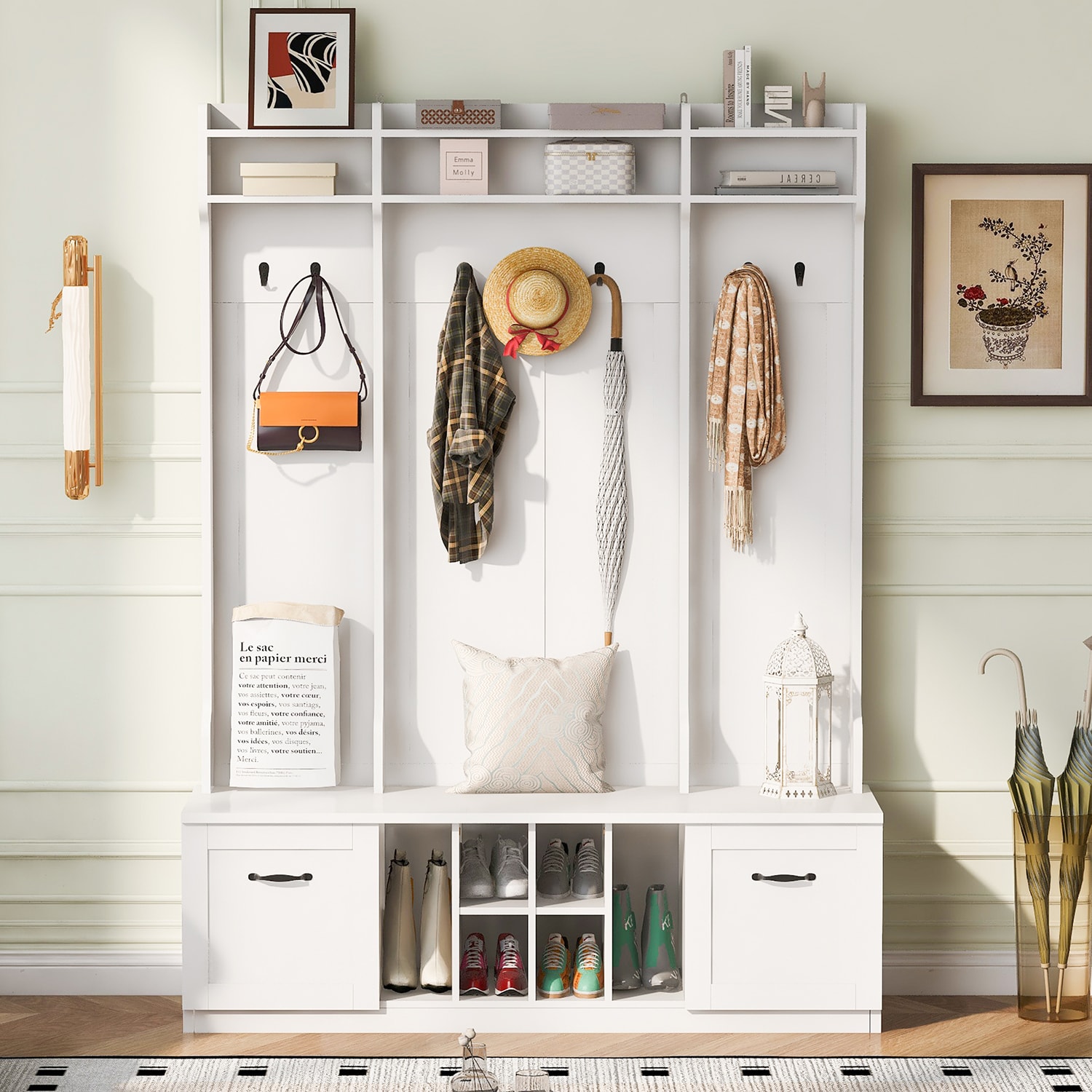 GZMR GZ-UC5232K 5-in-1 Entryway Bench with Coat Rack White 7 -Hook Coat rack