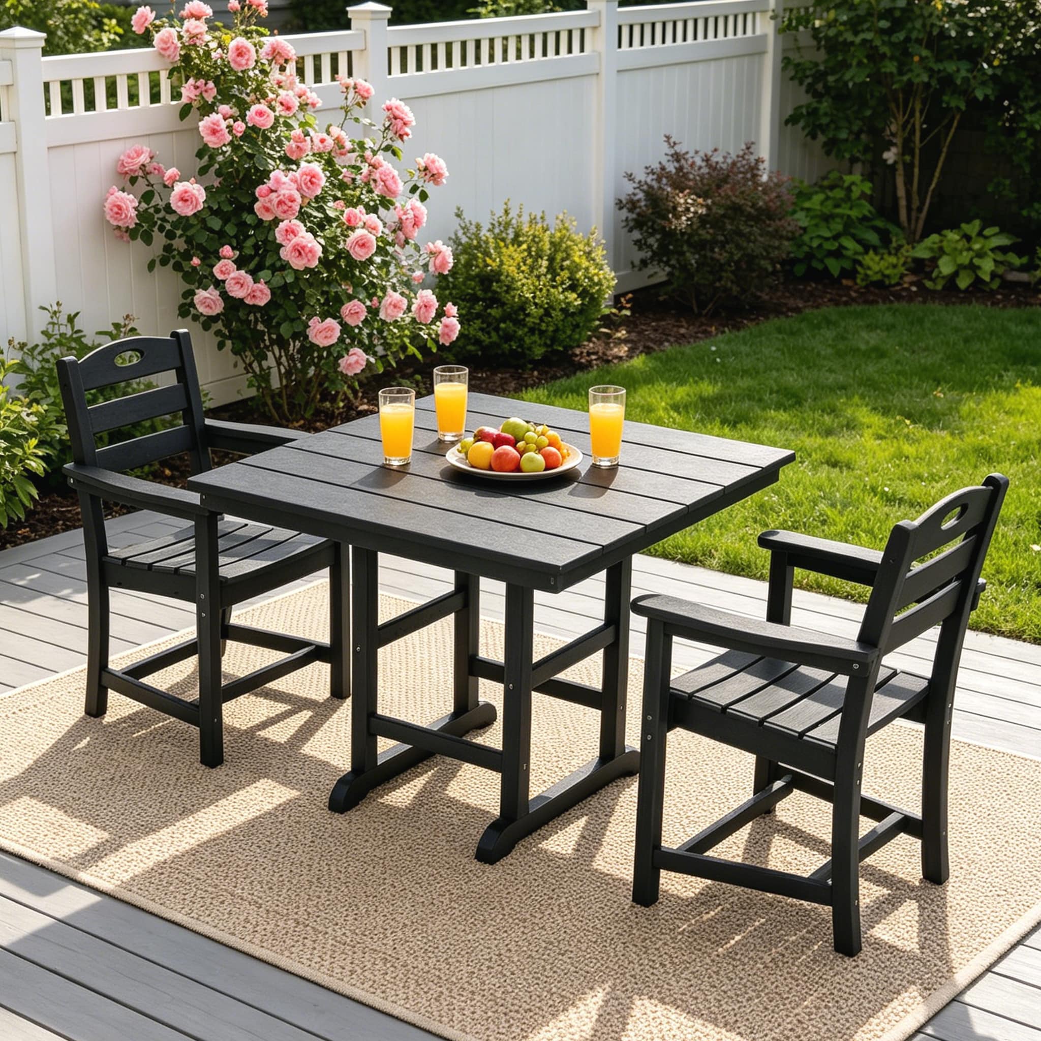 Hrinhom 3 -Piece Black Patio Dining Set HDPE Square Table with 2 Stationary Chairs