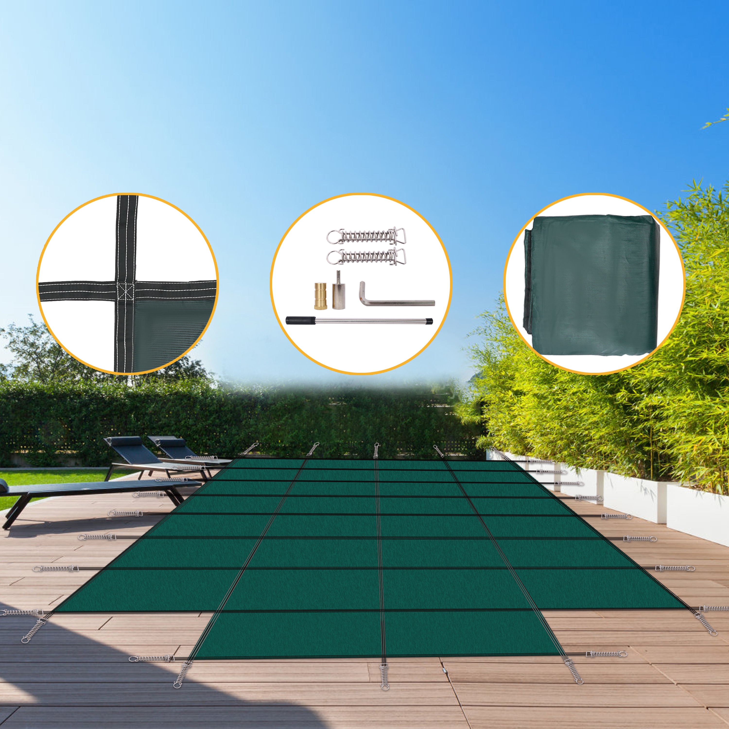 Huluwat Pool Safety Cover Fits 18x36ft Rectangular Inground Winter Swimming Pools with 4x8ft Center End Step Triple Stitched High Strength Mesh PP Great Rain Permeability Installation HardwareGreen Mesh