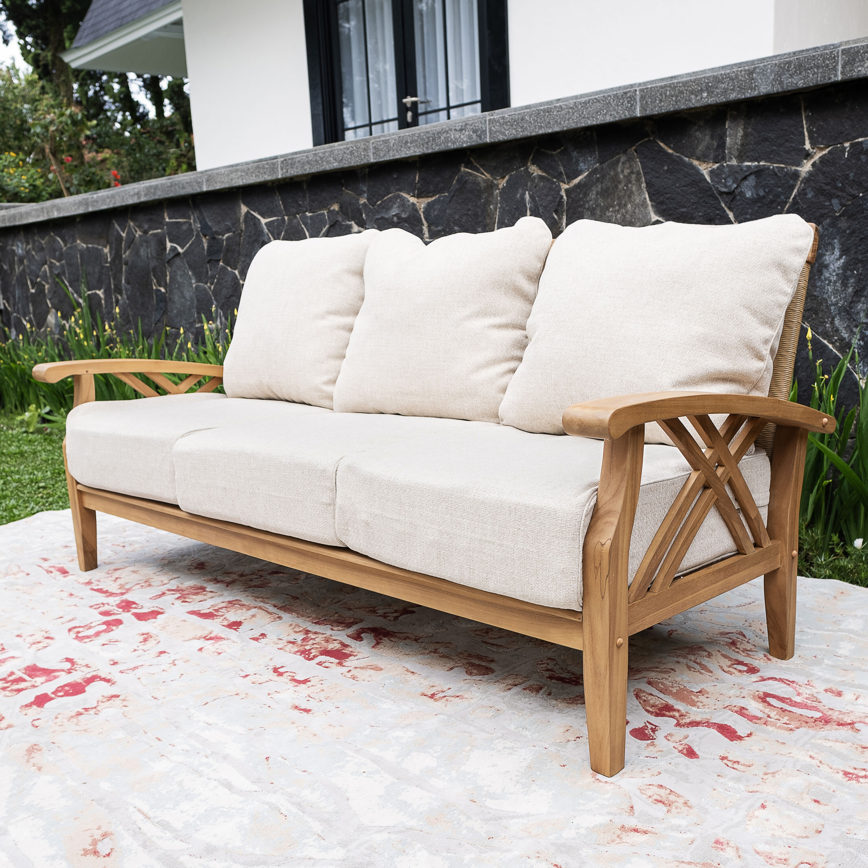 Cambridge Casual 151178-TW-XX-TN-HT Carmel Wicker Outdoor Sofa with Tan Cushions and Teak Frame