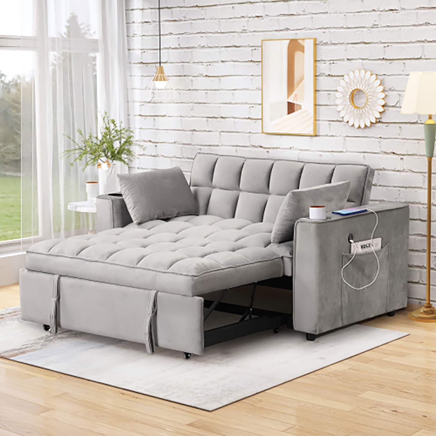 GZMR GZ-N7S1341A 34.5-in Modern Gray Velvet Sofa
