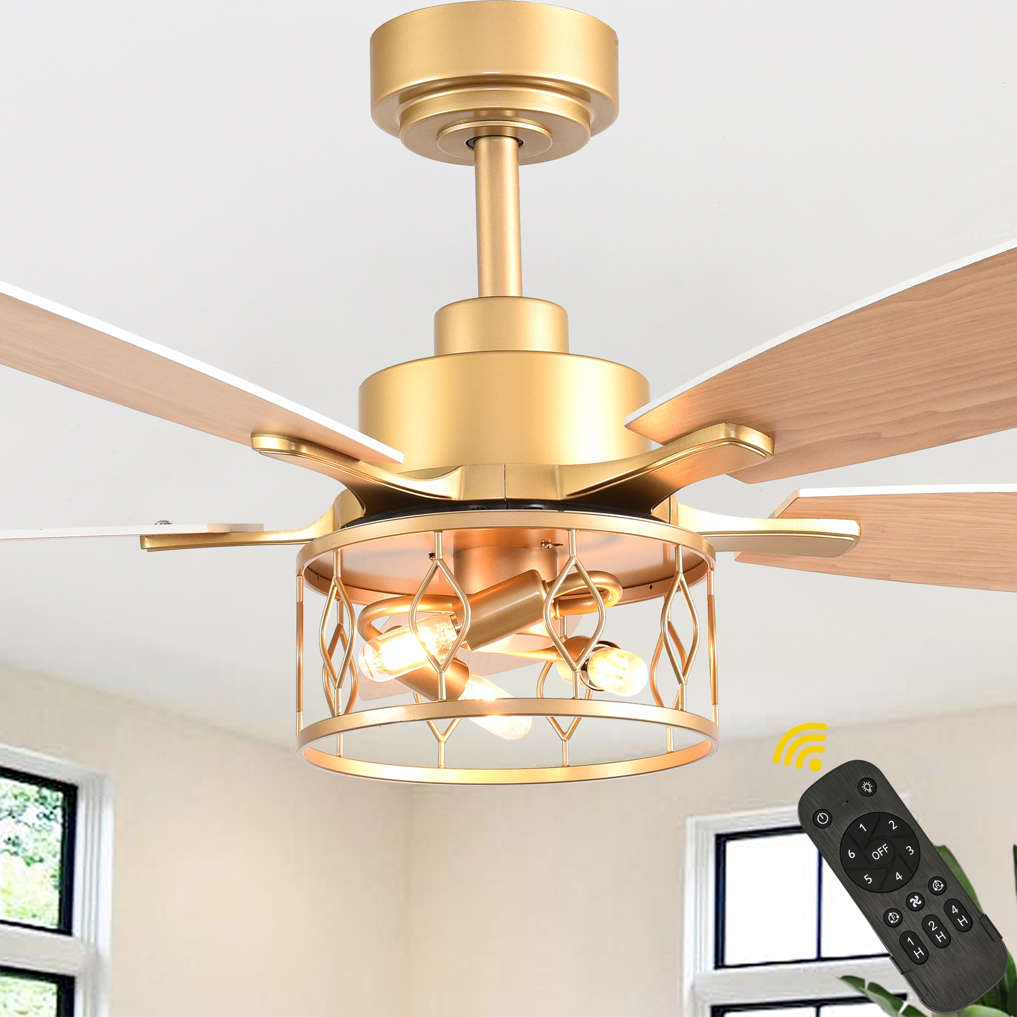 Bella Depot Koyah 52-in Gold with Brown Blades Cage Ceiling Fan Light Kit Compatible and Remote Control Included 5 -Blade