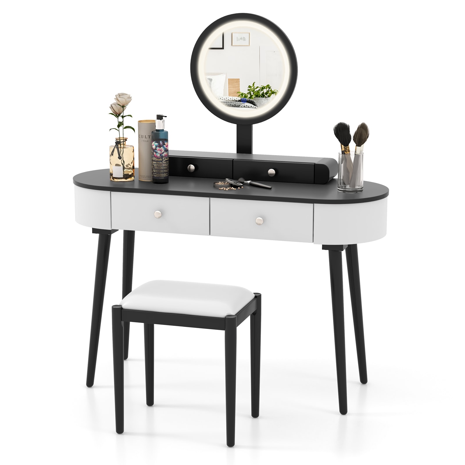 Volenca Makeup Vanity Table Set with 3-Color LED Round Mirror 4 Drawers and Cushioned Stool 47-in W