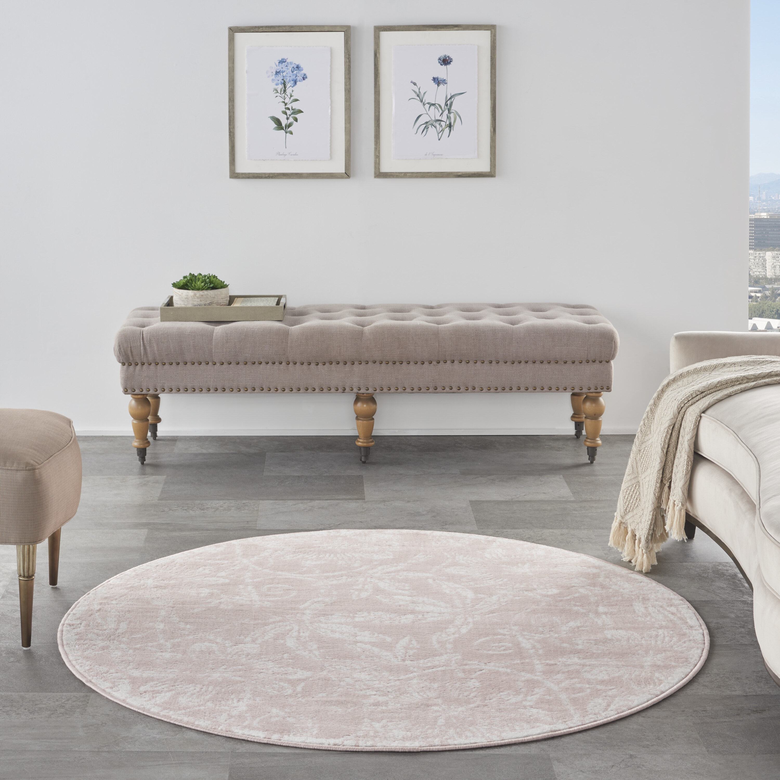 Pink Floral Round 5' Synthetic Kids Rug