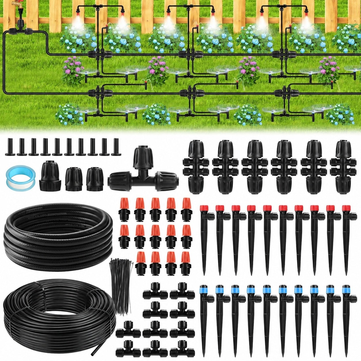 Misopily  234FT Drip Irrigation Kit Adjustable Three Spray Patterns with Half Inch Main Tube and Quarter Inch PE Tubing for Gardens Raised Beds