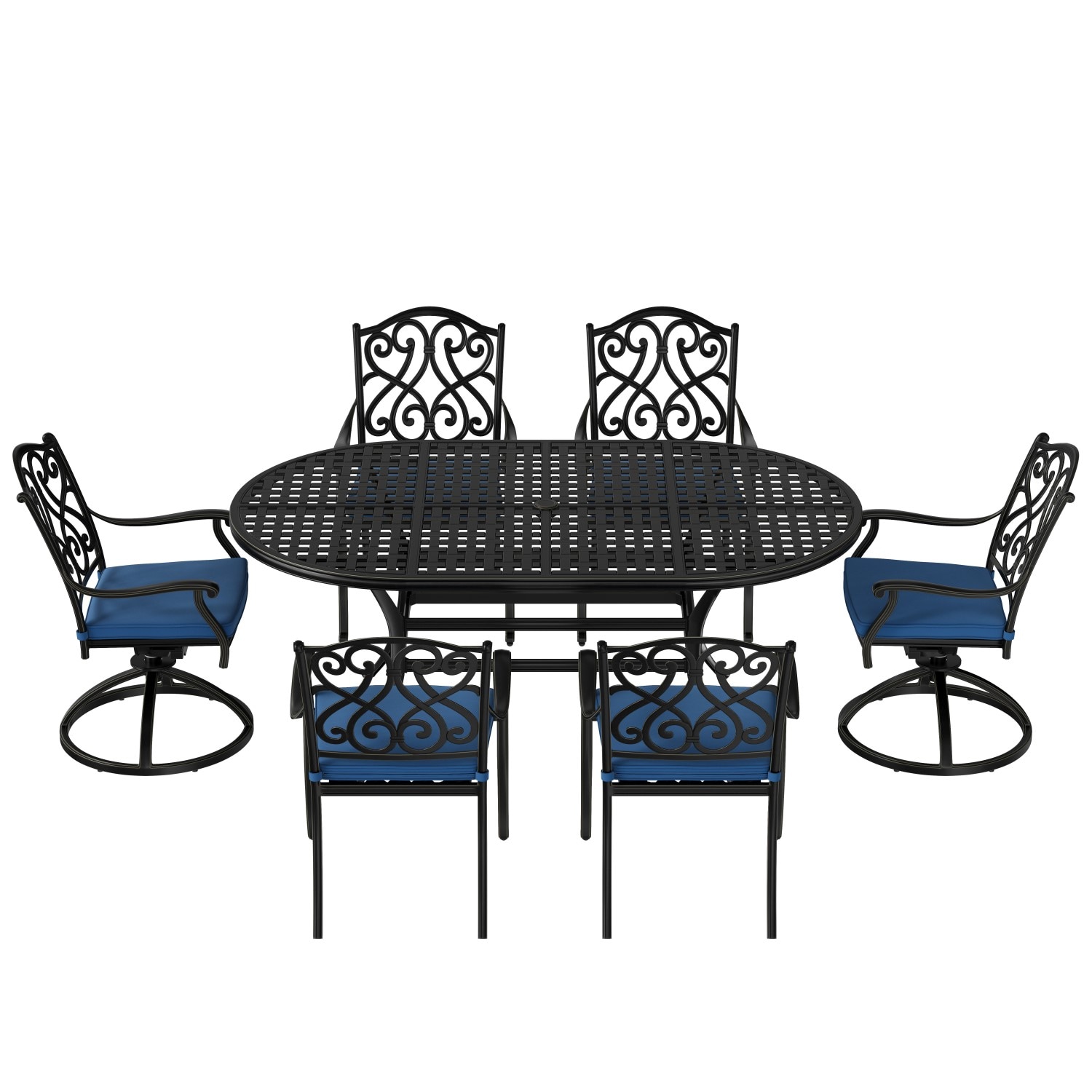 Mondawe MO-LD72TY7P-BL 7 -Piece Black Patio Dining Set Aluminum Oval Table with 6 Navy Cushions Stationary and Motion Chairs