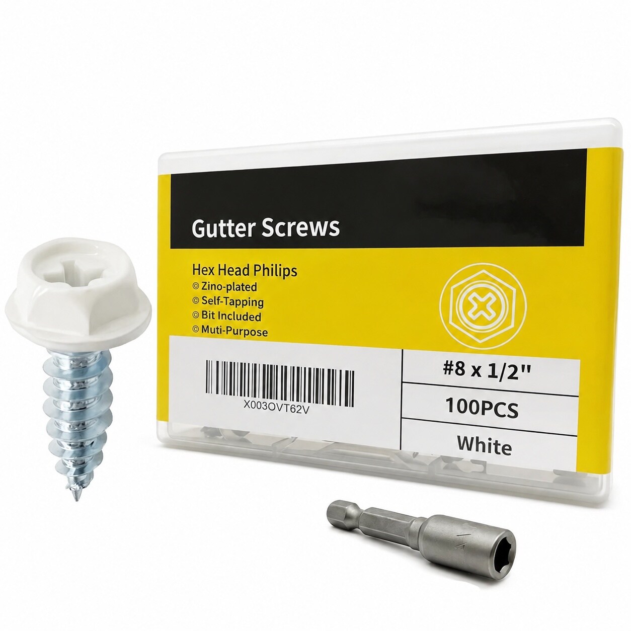 Phewnyzo  Number 8 by 1/2 Inch Self Tapping Gutter Screws White Painted Hex Head Zinc Plated Finish with Magnetic Driver 100 Pieces