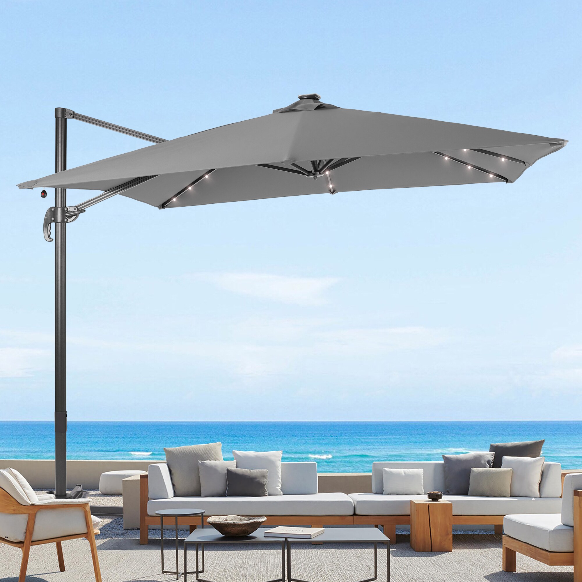 Sonkuki SD-MN99GY-LED 9-ft Aluminum Gray No-tilt Cantilever Patio Umbrella with Lights
