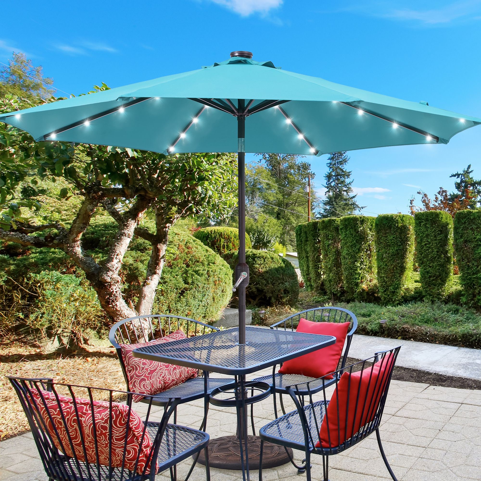 Sonkuki SD-TJLED09LB 9-ft Steel Blue Push-button Tilt Market Patio Umbrella with Lights