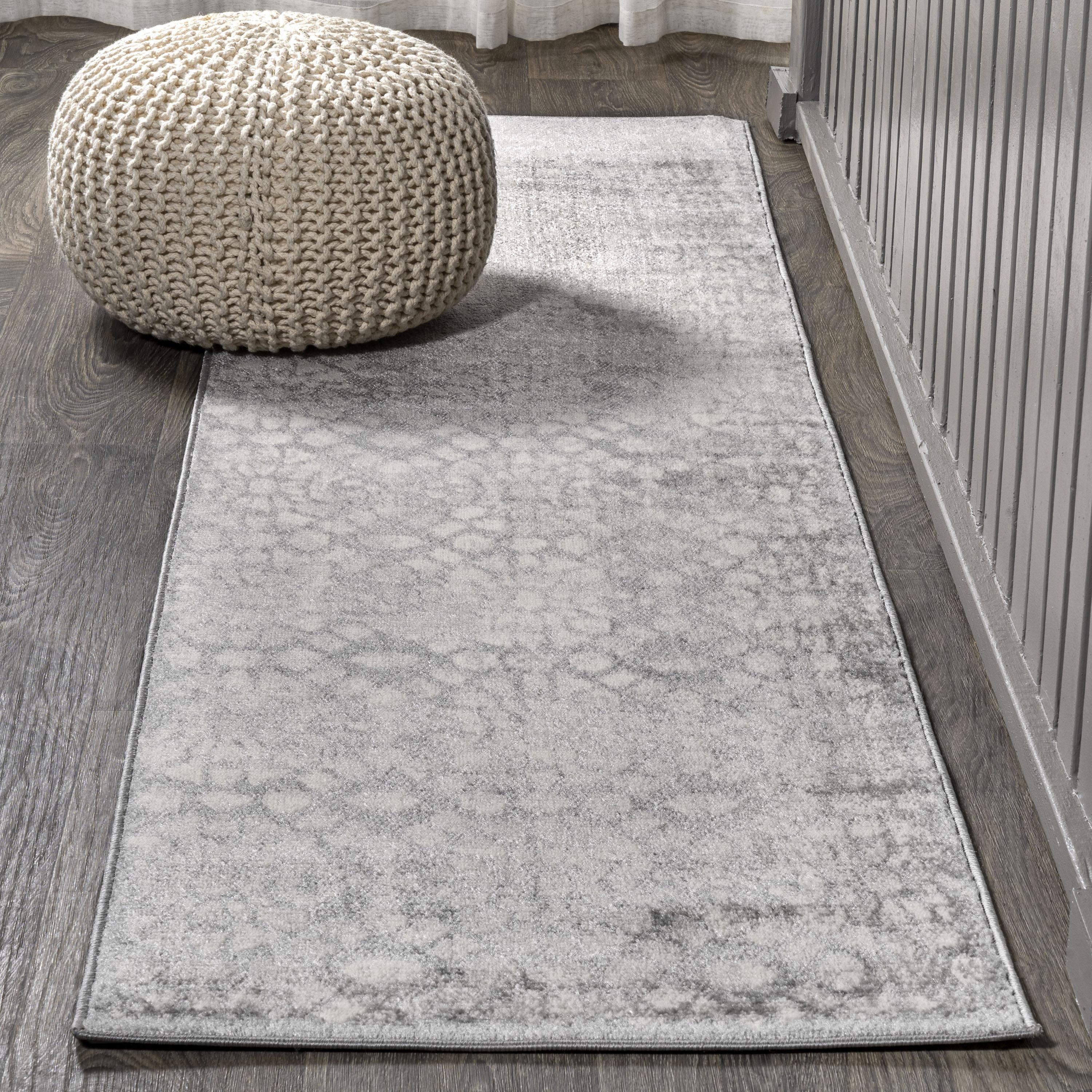 Gray Geometric Synthetic Runner Rug, 2' x 8'