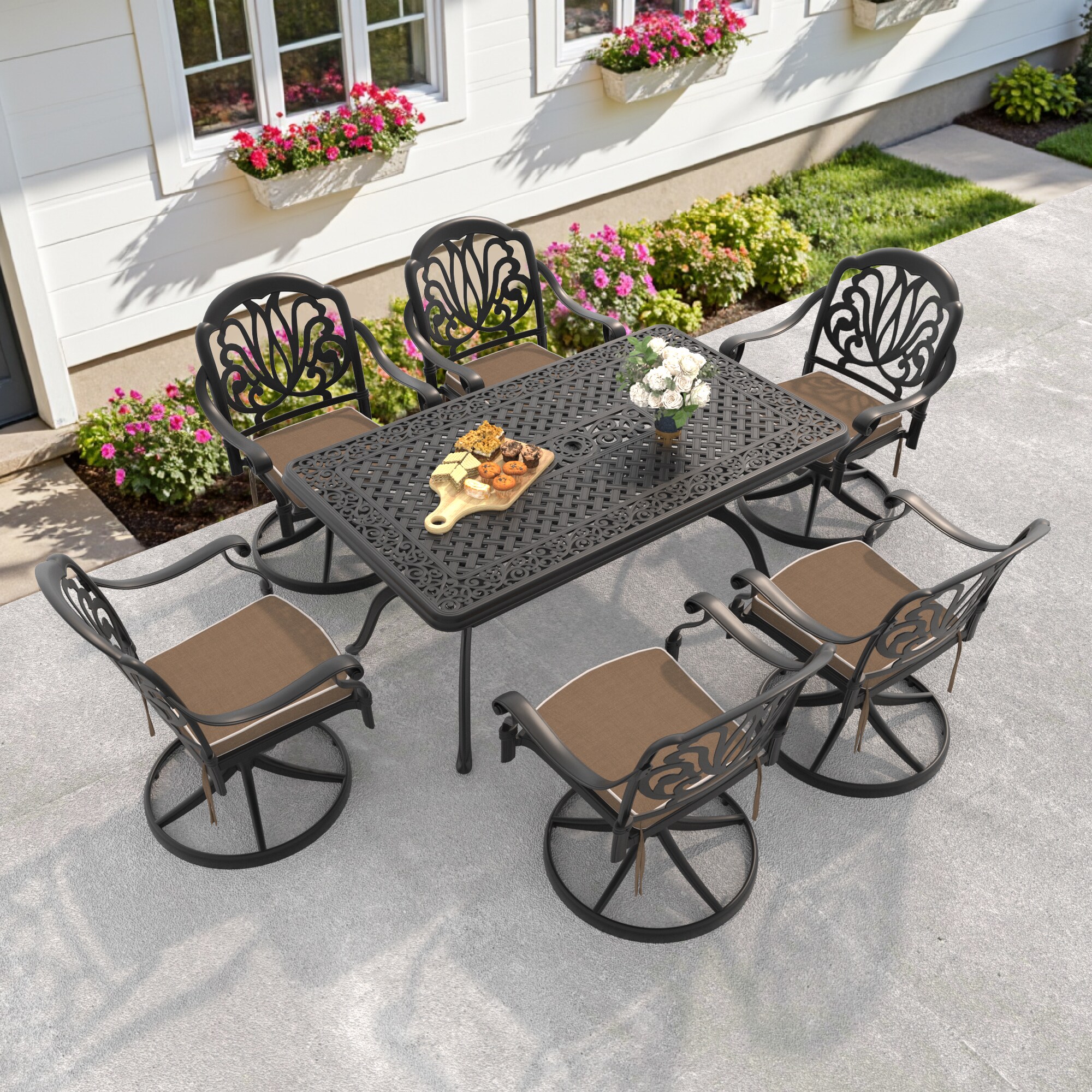 nicesure SLBK6002SC6A1051 7 -Piece Black Patio Dining Set Aluminum Rectangle Table with 6 Cushions Swivel Rocker Chairs
