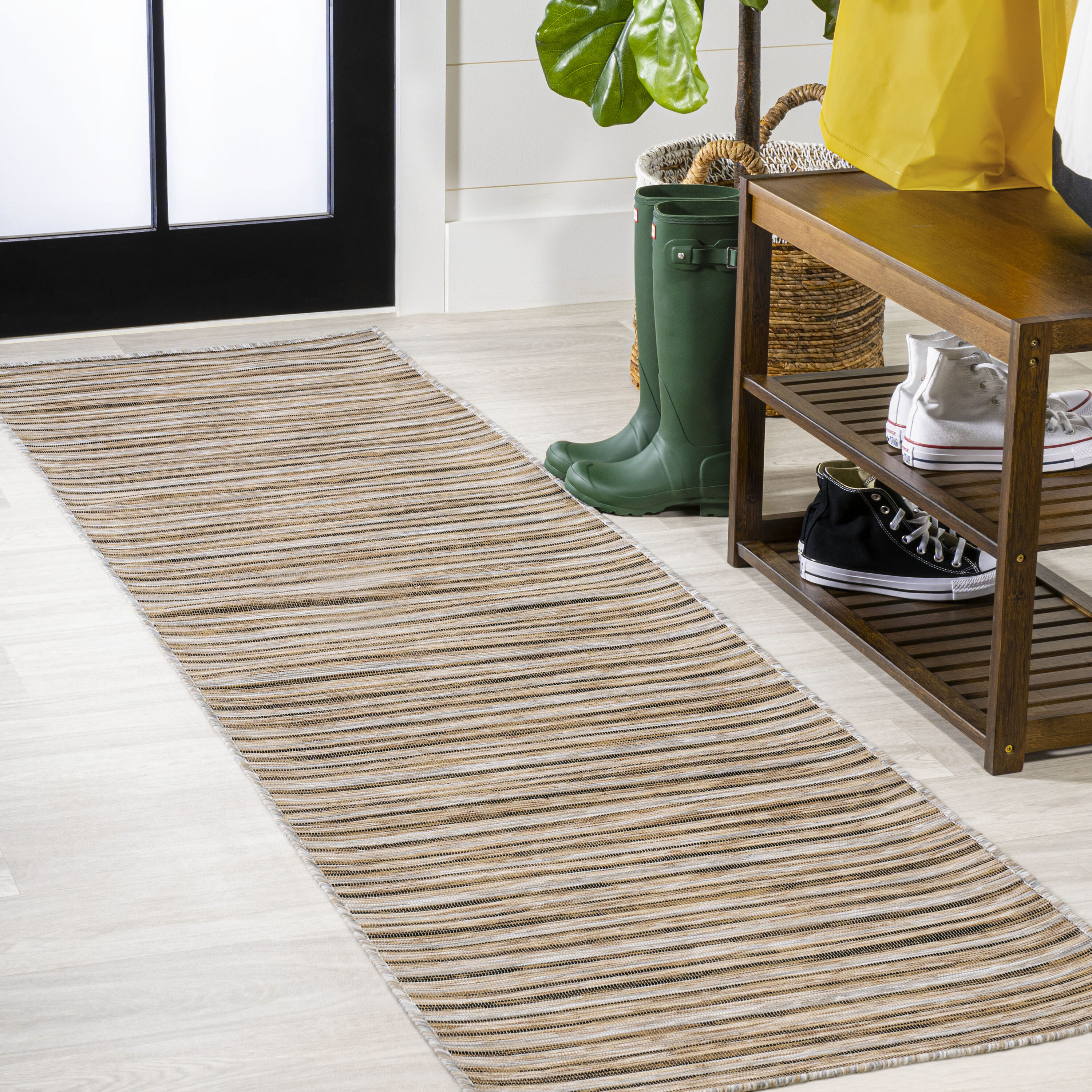JONATHAN  Y TSN102B-28 TUSCAN SUN Finn Modern Farmhouse Pinstripe 2 x 8 (ft) Loomed Brown/Natural Rectangular Indoor/Outdoor Stripe Coastal Pet Friendly Runner rug