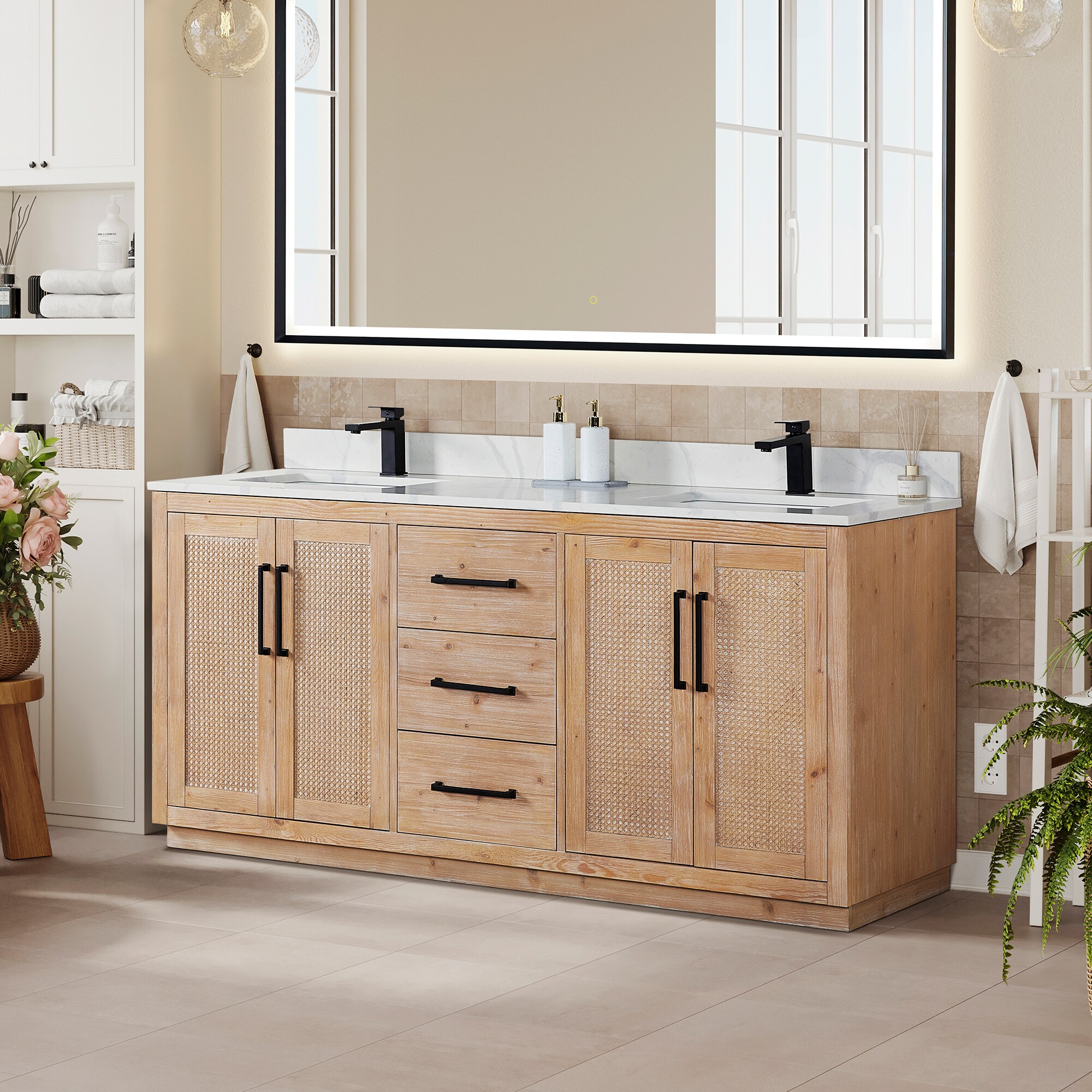 Light Brown Double Sink Freestanding Vanity with Rattan Doors and Quartz Top