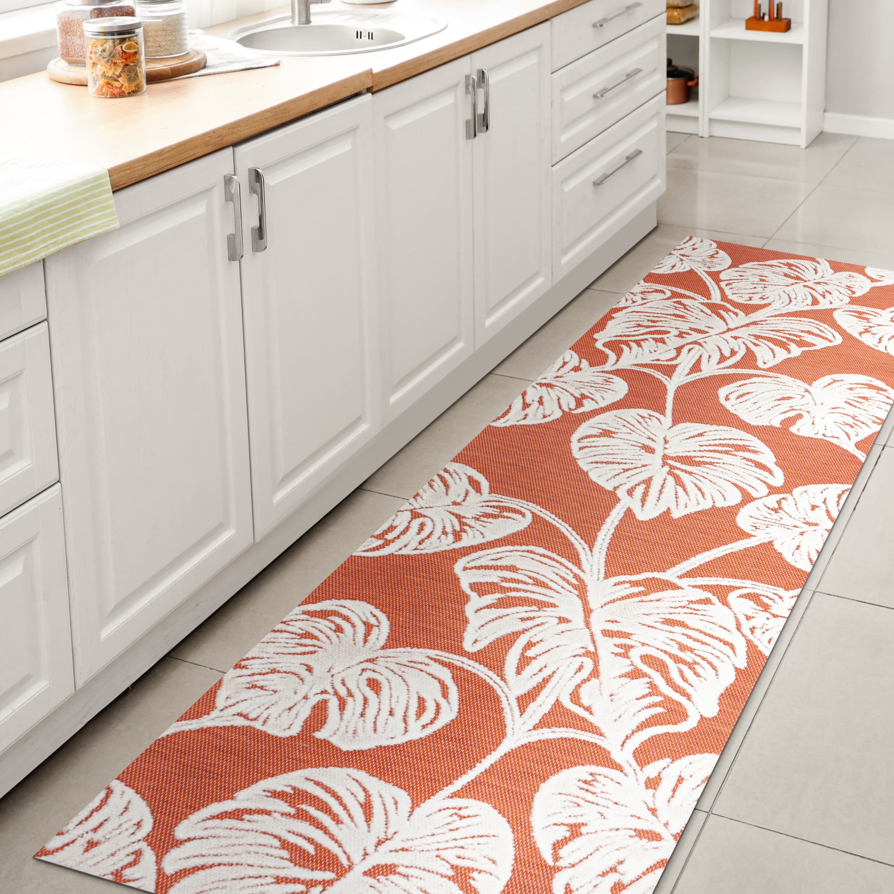 JONATHAN  Y HWC100A-28 Hawaii Tobago High-Low Two-Tone Monstera Leaf 2 x 8 (ft) Loomed Polypropylene Orange/Ivory Rectangular Indoor/Outdoor Floral/Botanical Coastal Runner rug