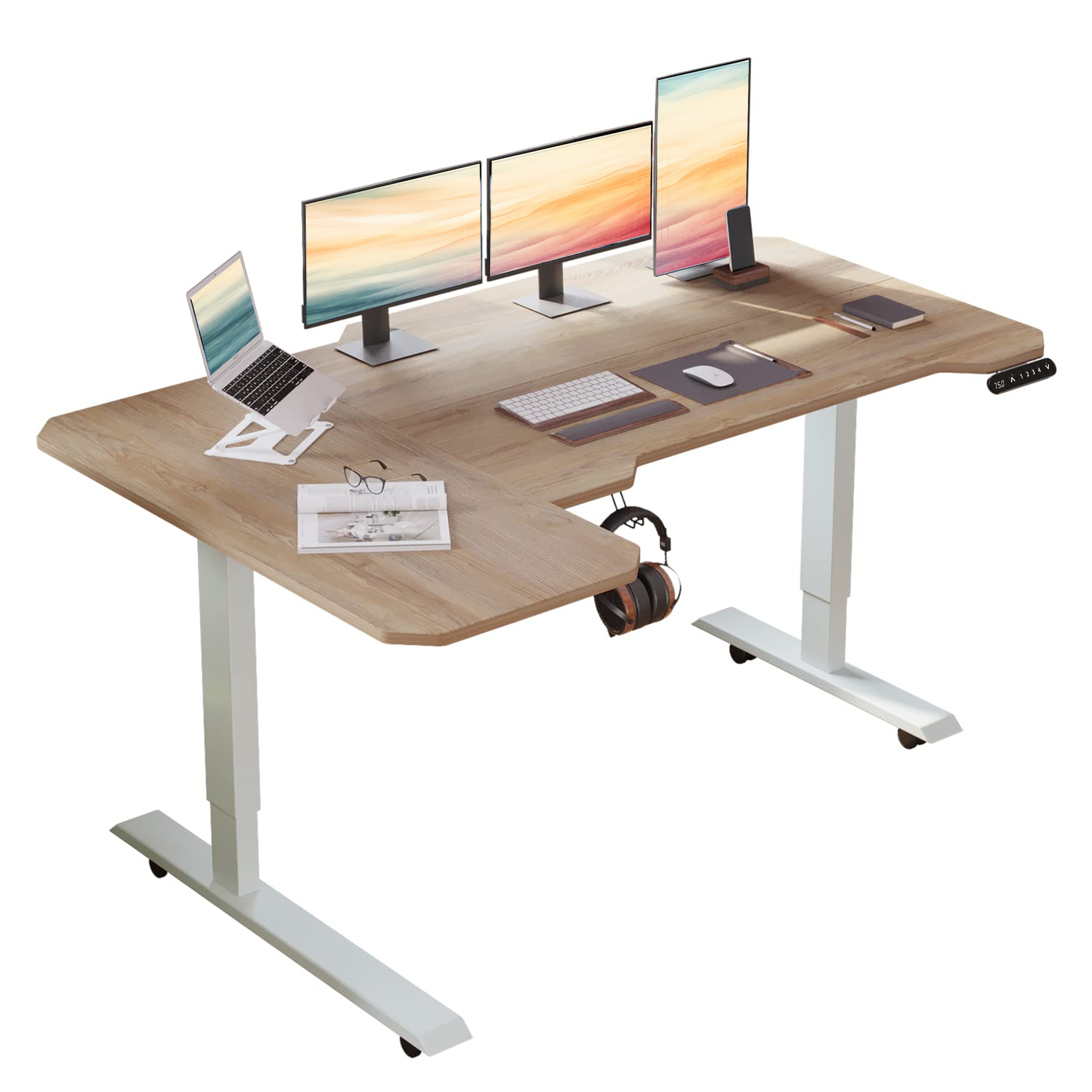 Blisstyle L Shaped 59 Inch Height Adjustable Electric Standing Desk Sit and Stand up Computer Desk for Home Office Oak Office Desk Study Desk