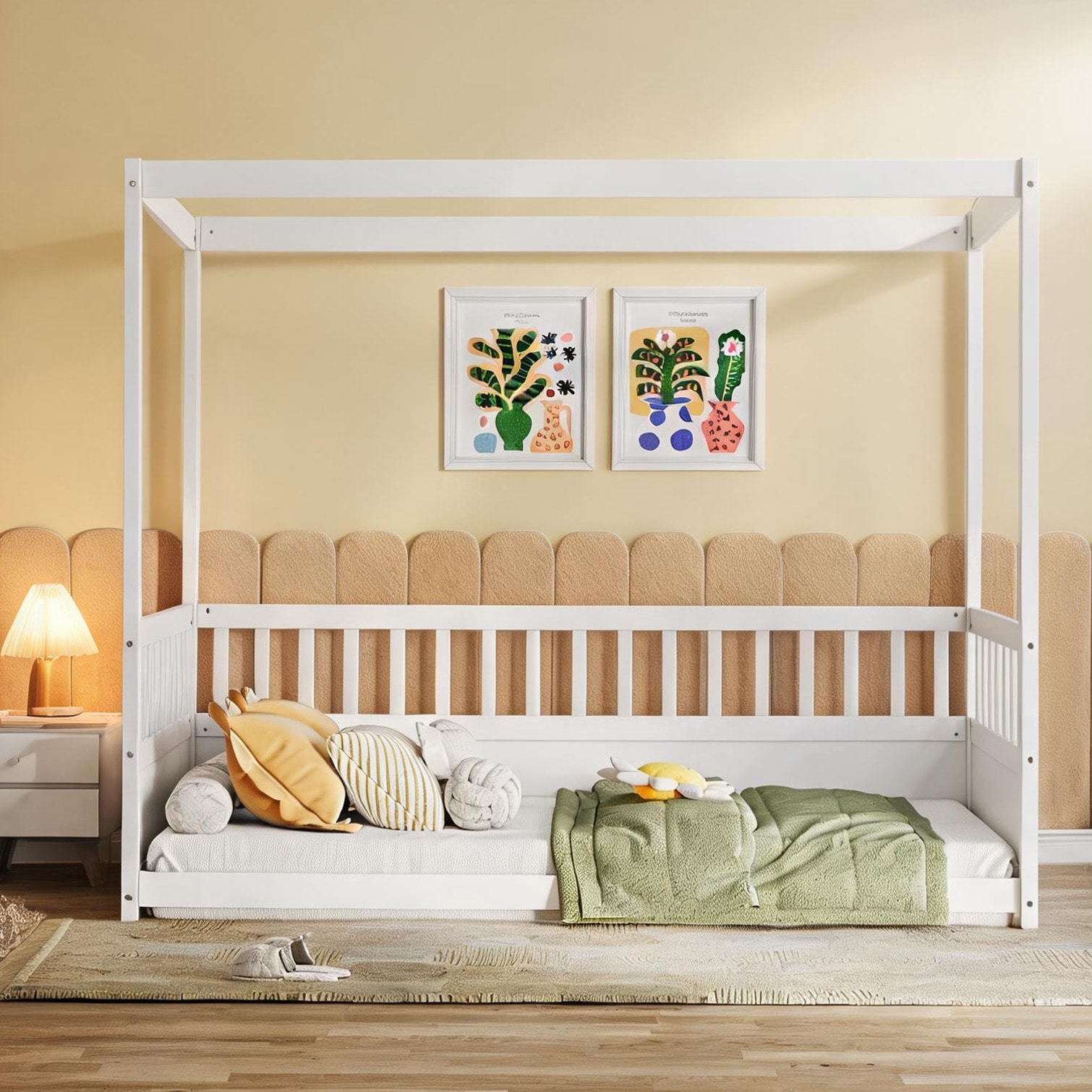 FlowLuxe White-Toned Pine Canopy Floor Bed with Guardrails for Kids Bedrooms Twin