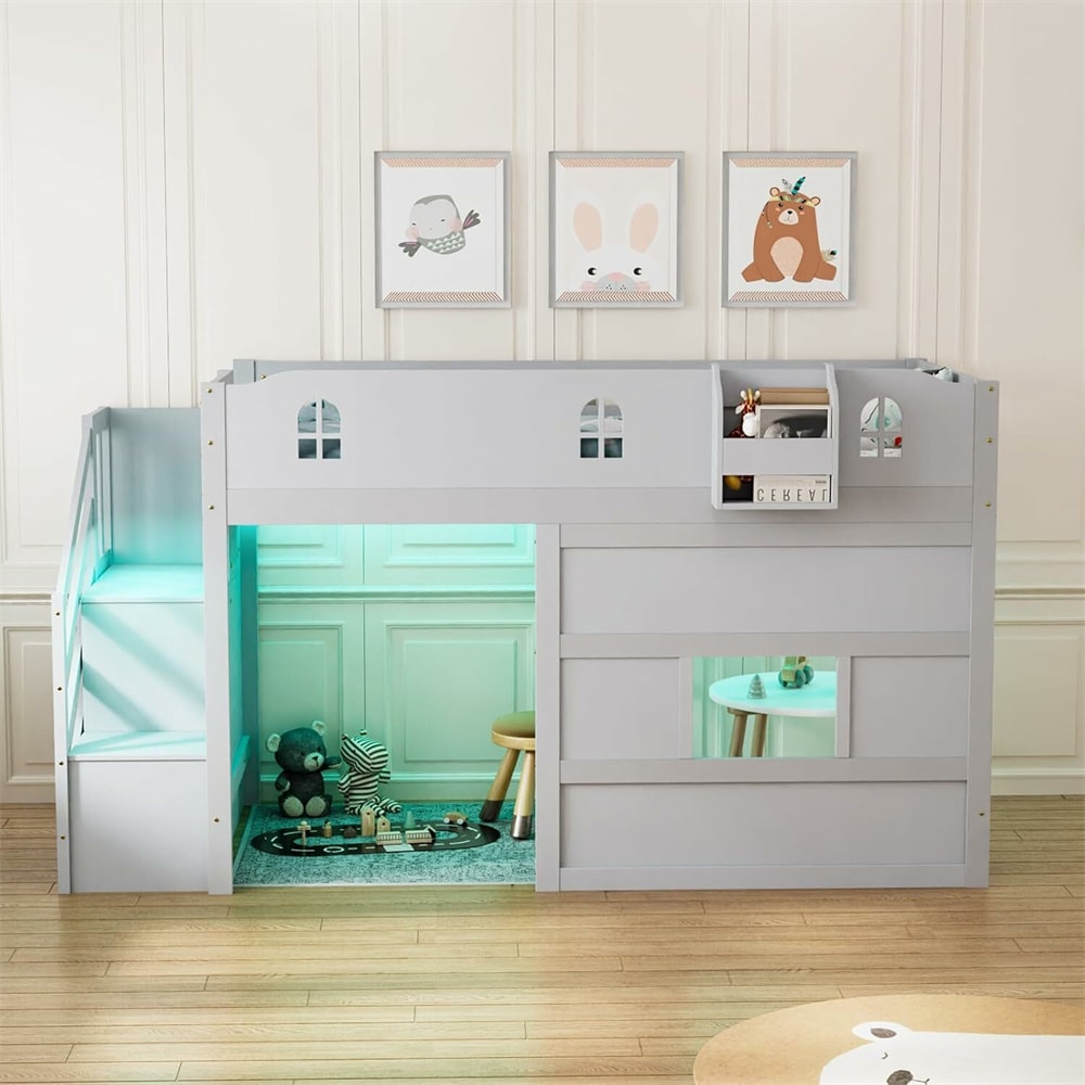 Outopee LO1G52005381+382 Twin Gray Wood Bed Frame with Headboard