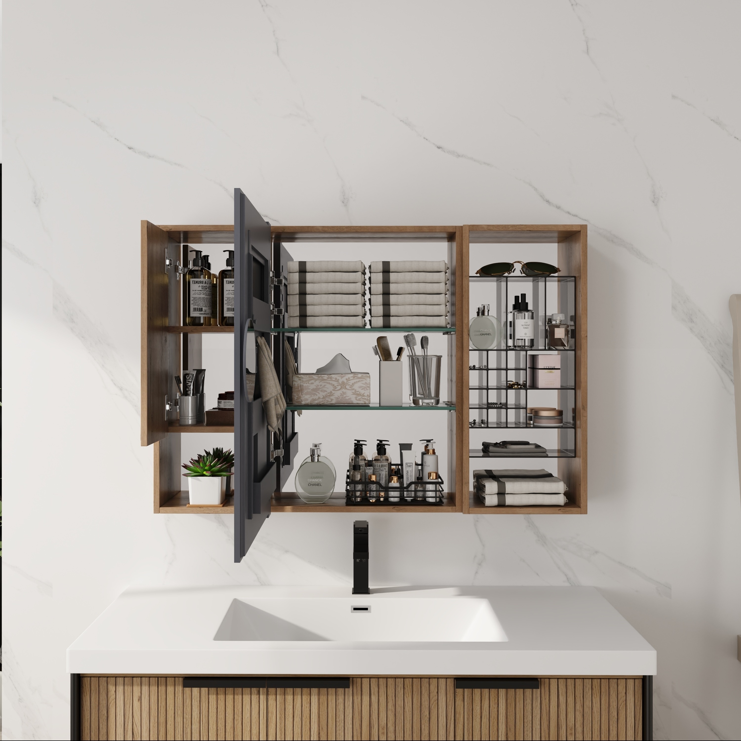 Afhocomp 41.42 in. W x 27.56 in. H Rectangular Surface Frameless Medicine Cabinet with Mirror in Imitative Oak