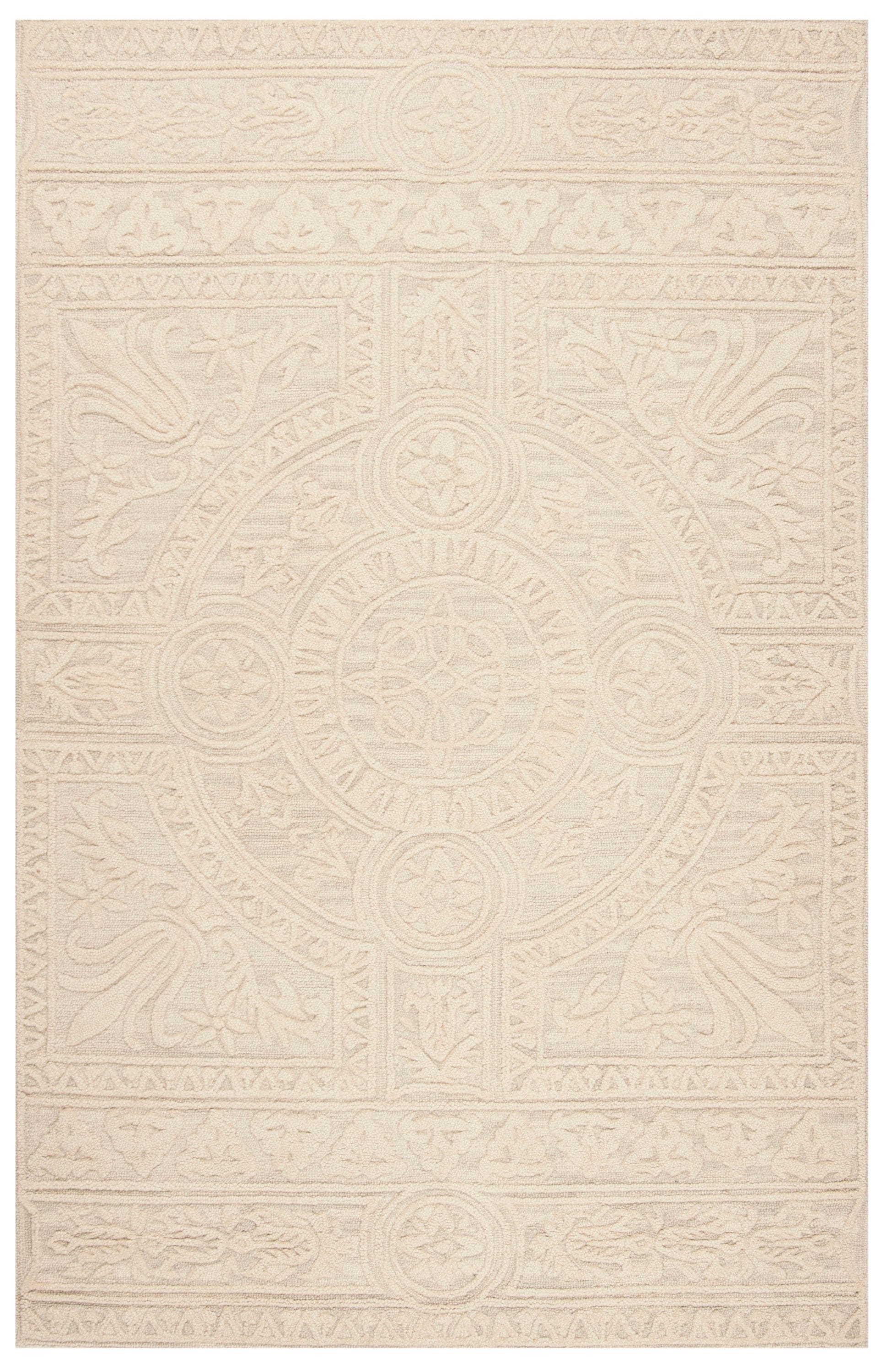 Light Gray and Ivory Wool Floral Rectangular Rug