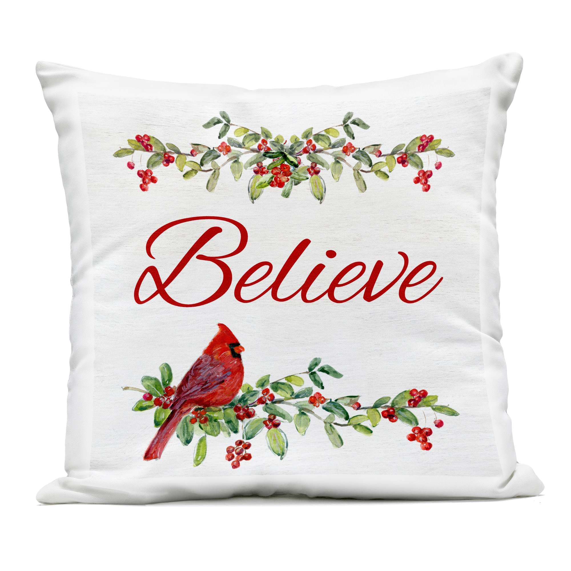 Stupell Industries PLS-184-OSQ-18X18 Festive Believe Greenery Outdoor Printed Pillow design by Sally Swatland 18 x 18