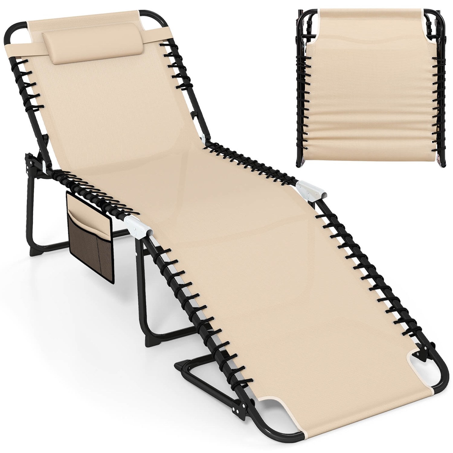 Costway HCST08271 1 PCS Oversize Folding Chaise Lounge with Adjustable Backrest Detachable Pillow Pocket Beige