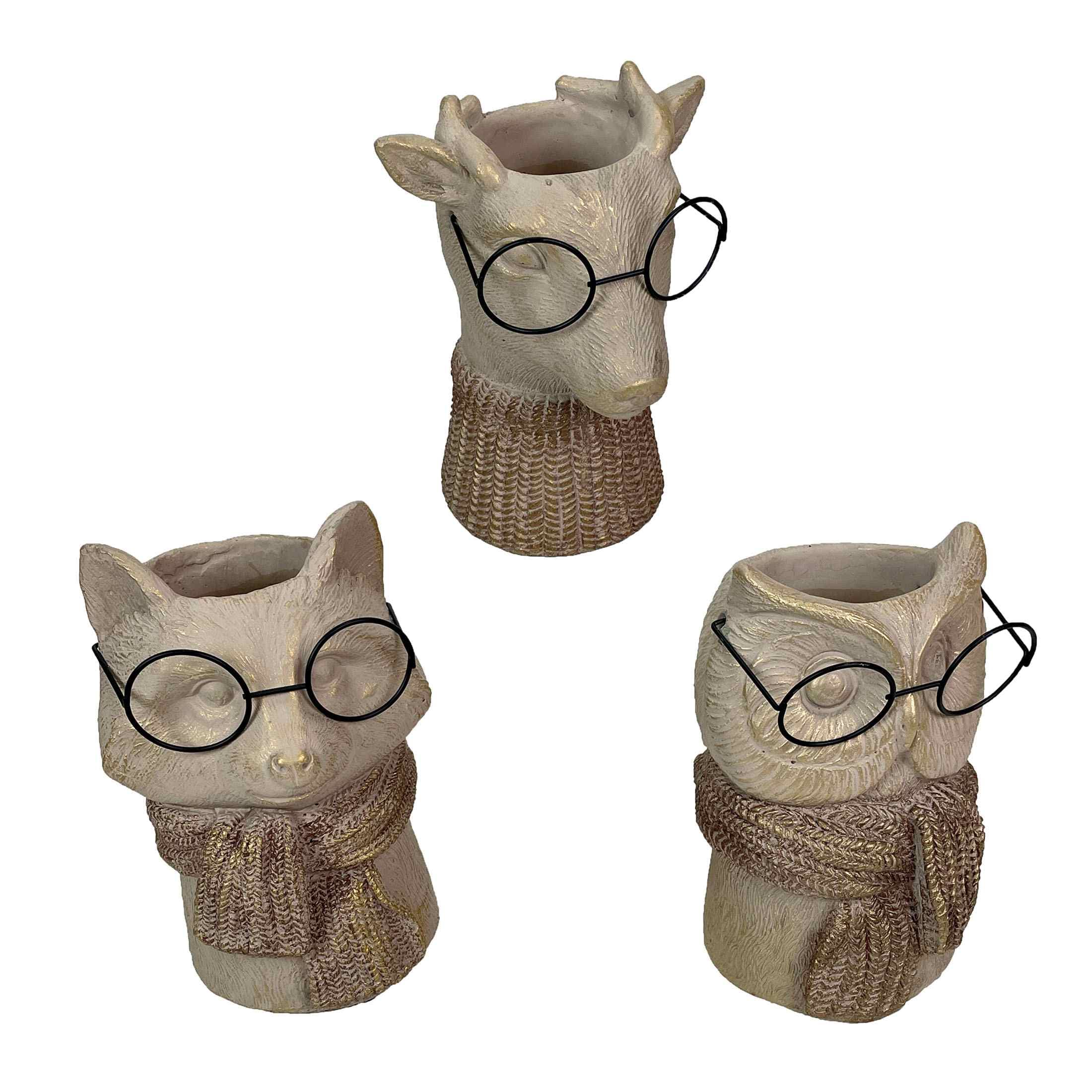 Things2Die4 Set of 3 Bespectacled Animal Vases Fox Owl Deer Gold Accent Knit Scarves Glasses
