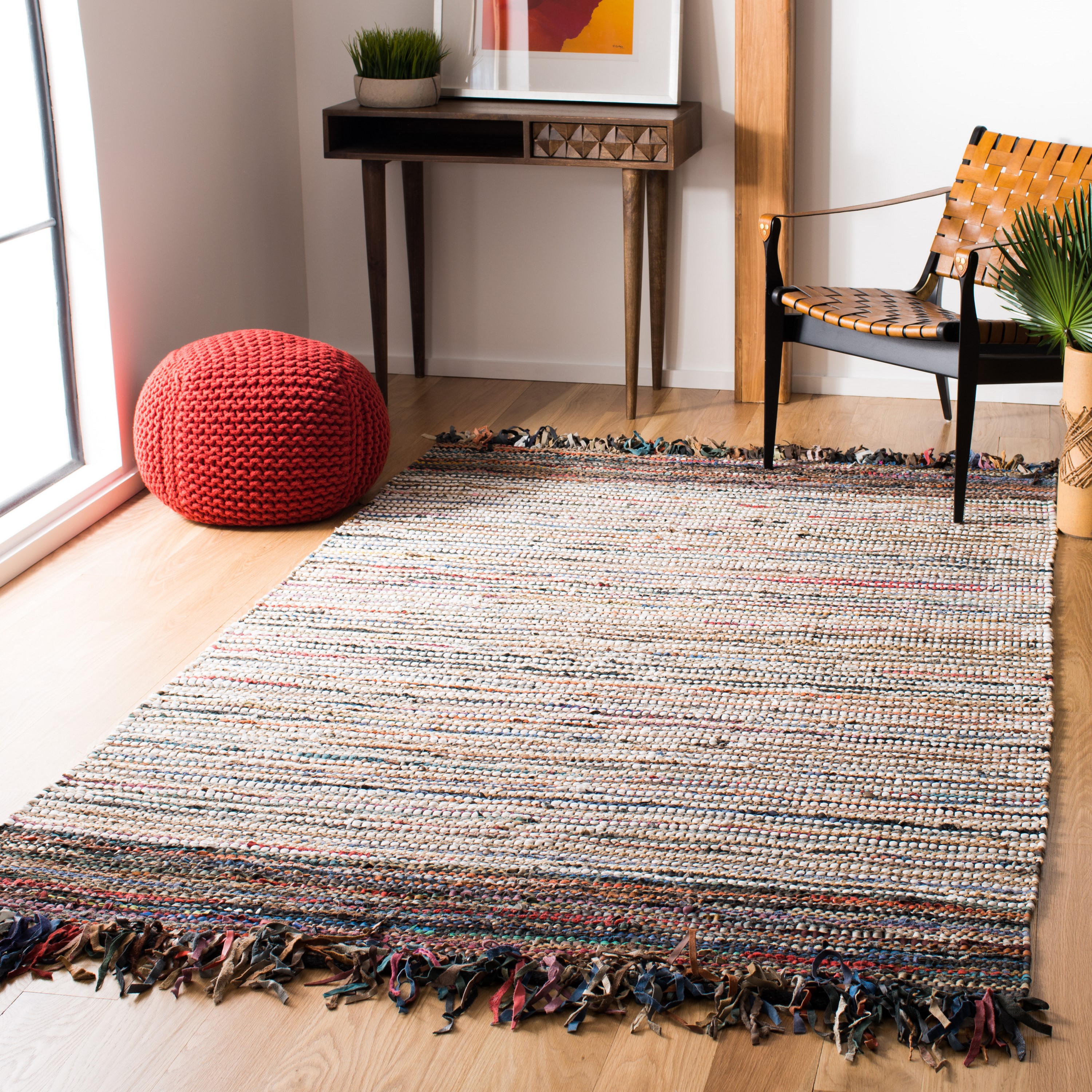 Safavieh VTL373E-3 Vintage Leather Platte 3 x 5 (ft) Leather Multi Rectangular Indoor Stripe Coastal Throw rug