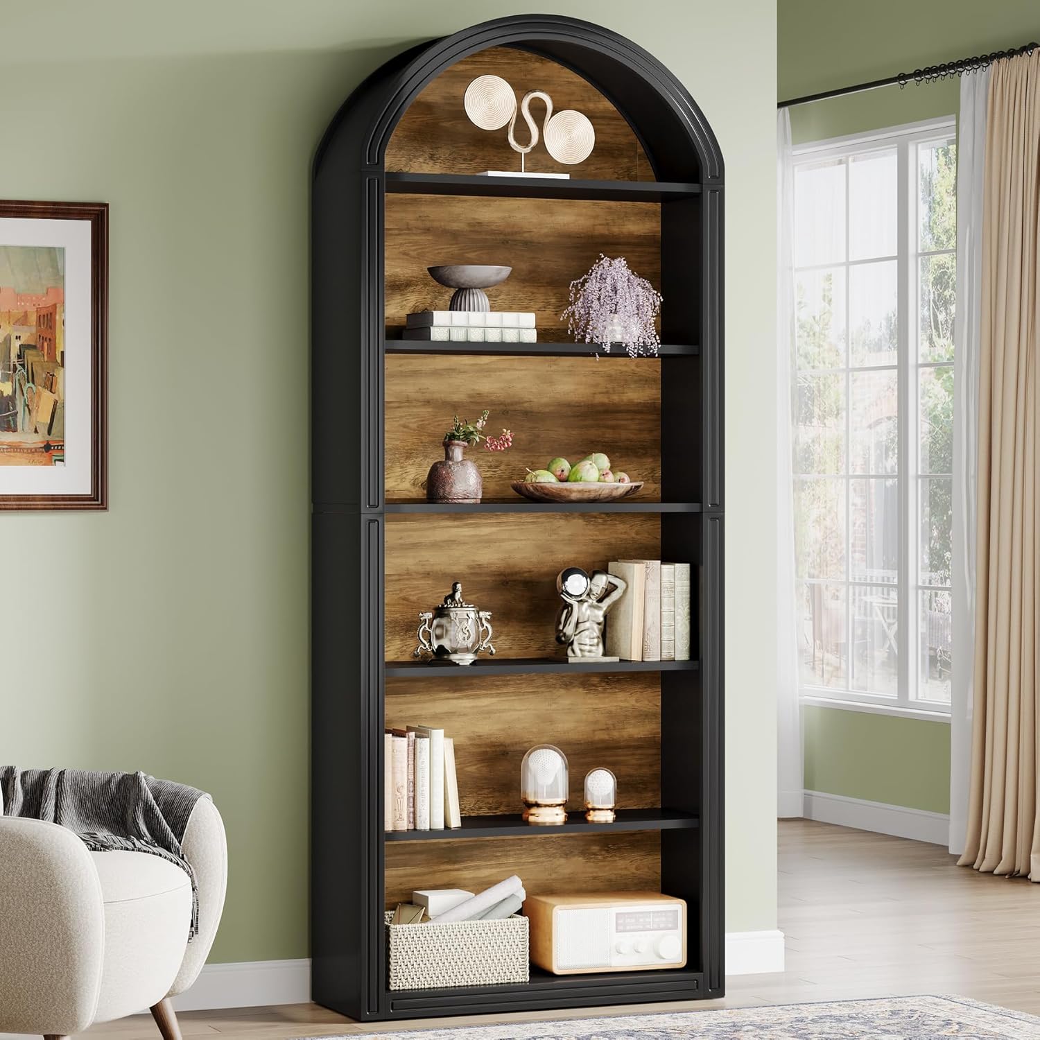 Tribesigns  6 Tier Black Arched Bookshelf 77.16 inch Tall Arched Bookcase with Storage Shelves Floor Standing Open Display Shelving Unit for Living Room Bedroom Home Office