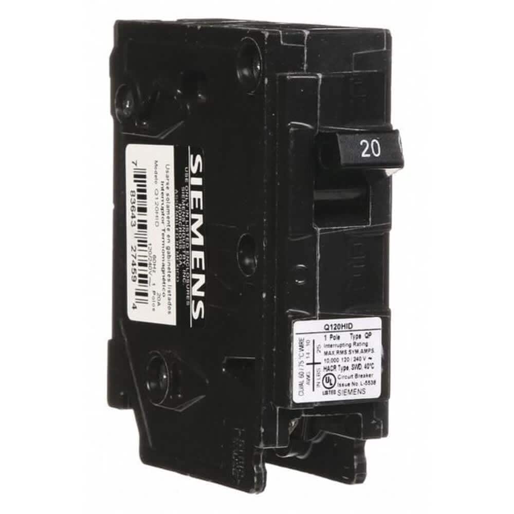 Siemens Miniature Circuit Breaker Q Series 20A 1 Pole 120V AC 10kA at 120V AC