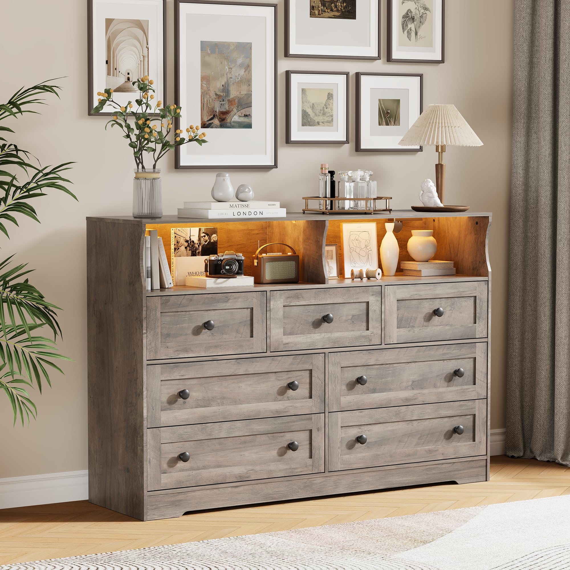 gray and brown dresser IdealHouse Wood With 7 Drawers LED Lights Charging Station 2 Open Cubbies Wide Chest For Bedroom Living Room Closet Kids Room in the Dressers department at 14 roll slats