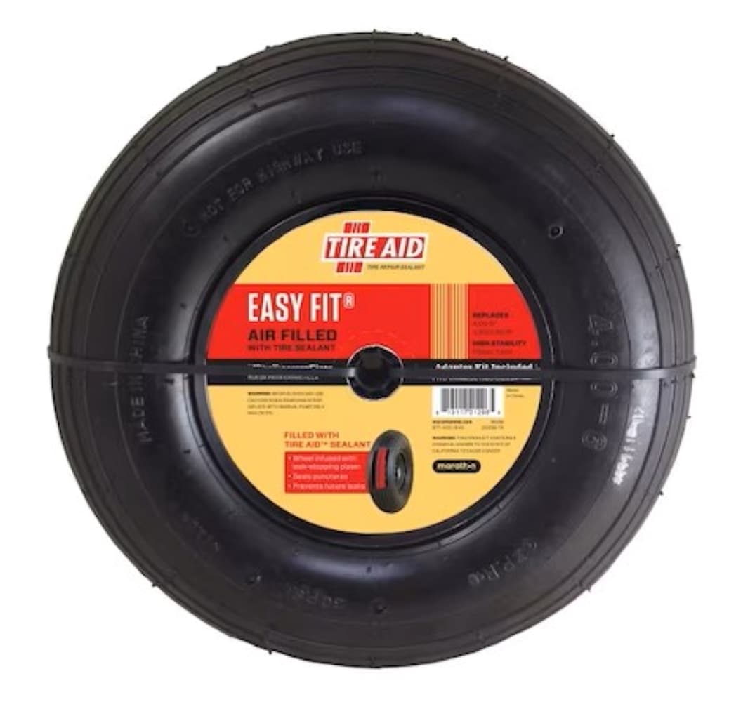 Marathon 20296-TA Easy Fit Sealant Filled, Pneumatic (air-filled) 4-6 Tire and Wheel Assembly, Wheelbarrow/cart Use, Ribbed Tread