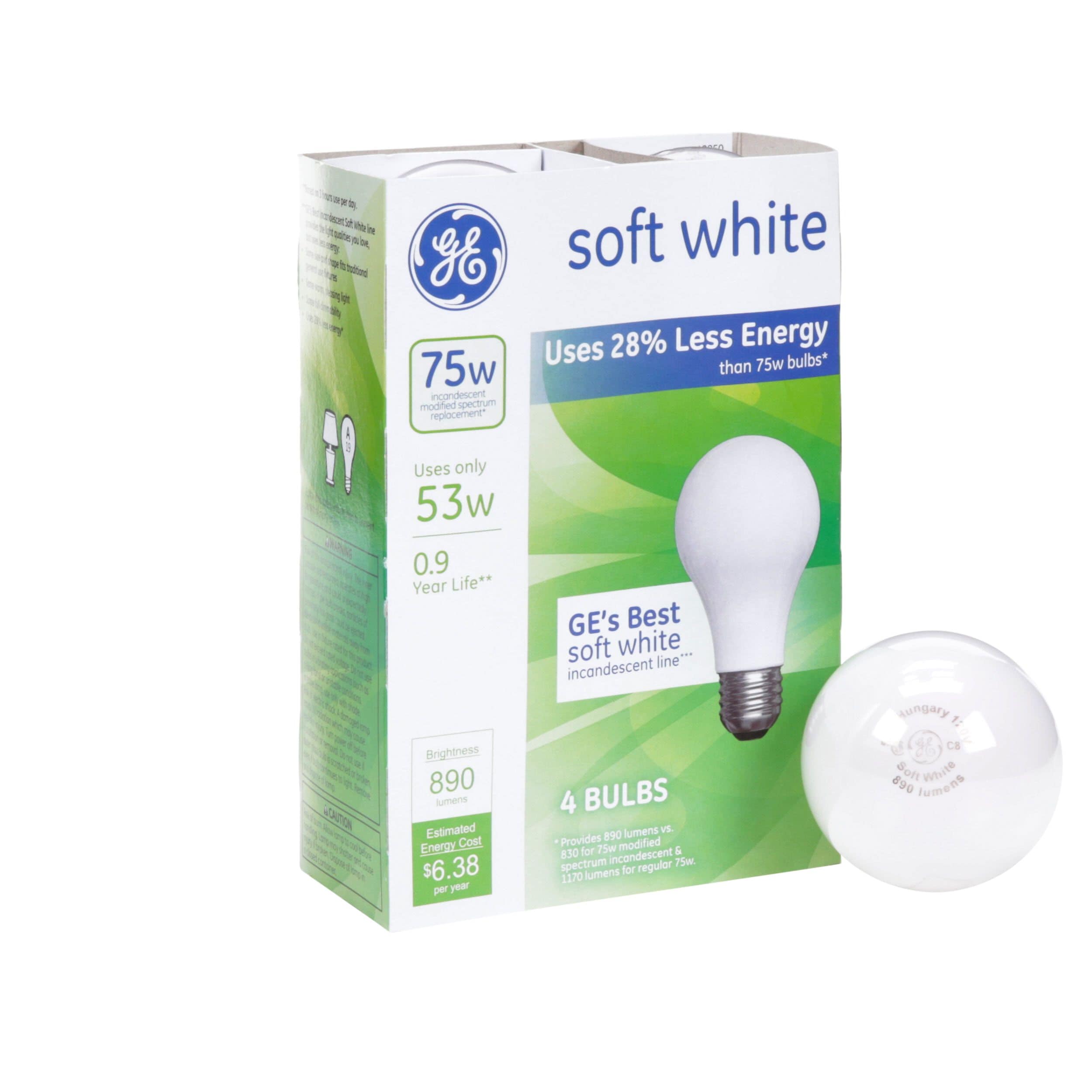 NEW GE 53 W = 75 Watt Energy Efficient Soft White 890 Lumens A19 Light Bulbs 12 