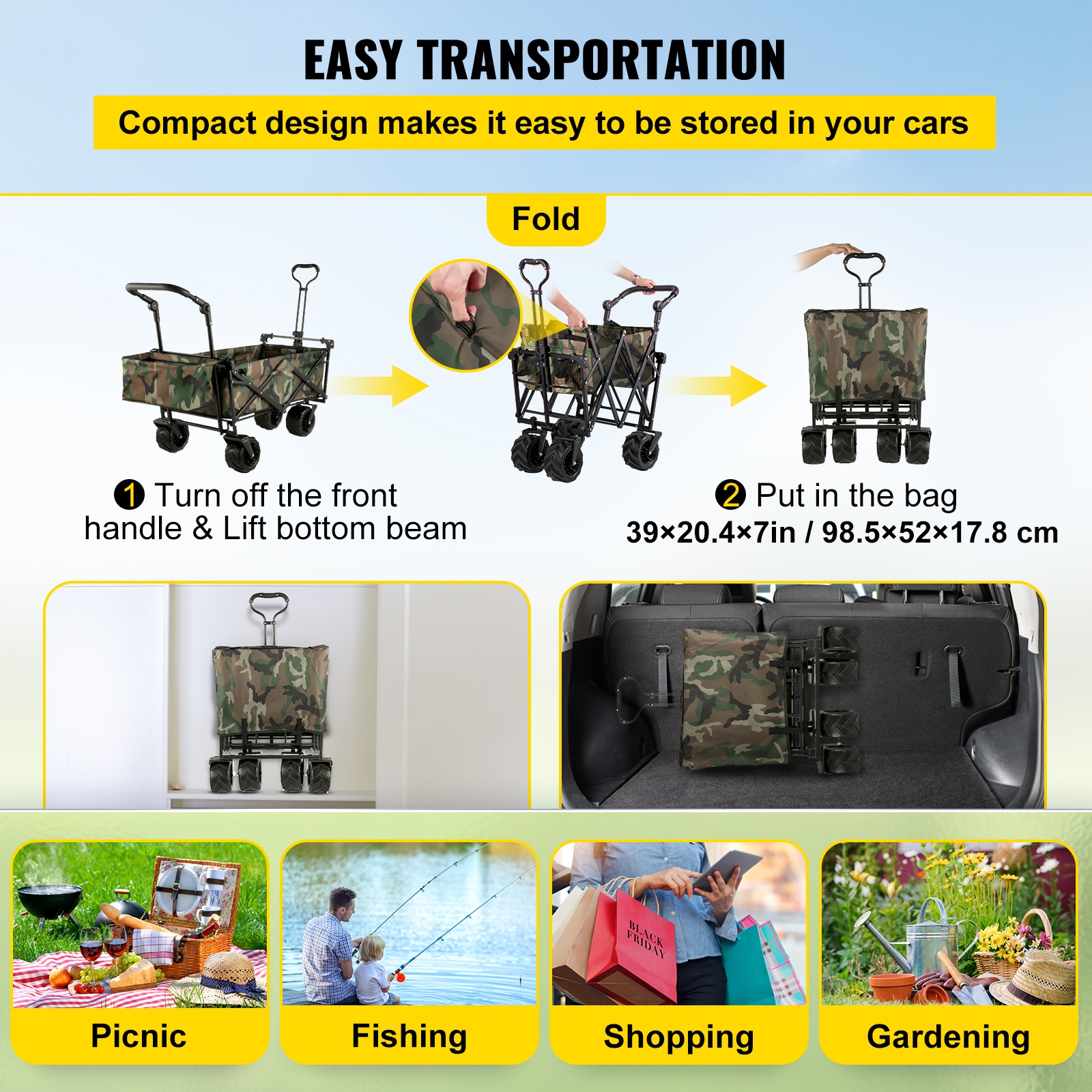 VEVOR 3 cu.ft. Collapsible Folding Outdoor Utility Wagon Steel Collapsible Garden Cart with Removable Canopy, Camouflage