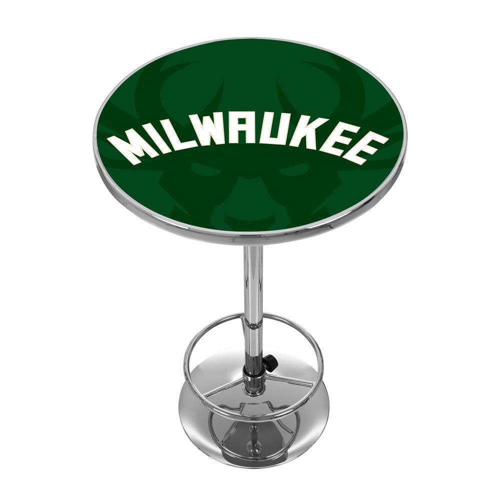 Trademark Gameroom NBA2000-MB2 Milwaukee Bucks Pub Tables Green/Chrome 1 Round Traditional Bar Table, Composite with Metal Pedestal Base 27.375-in L x 42-in H