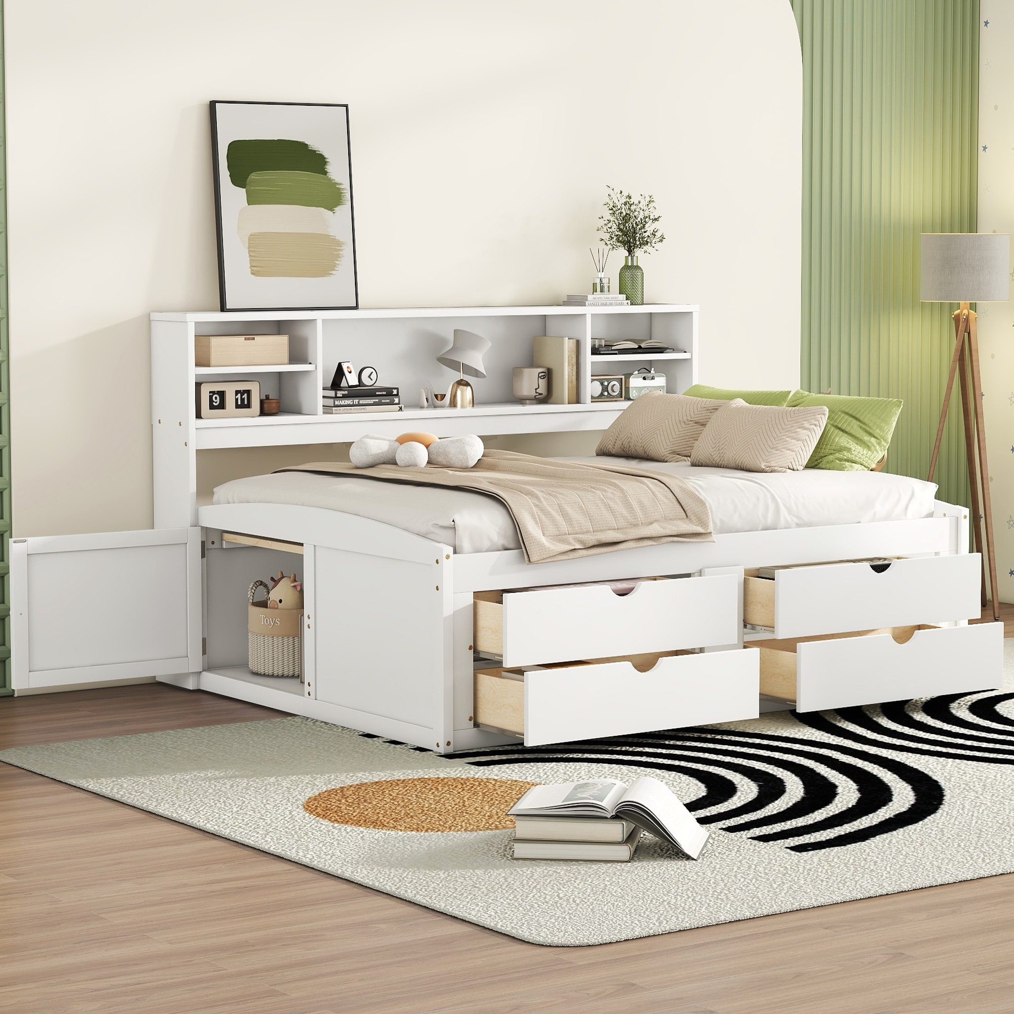 Bellemave Full Size Daybed with Bedside Cabinets Upper Shelves and Storage Drawers Solid Wood No Box Spring White