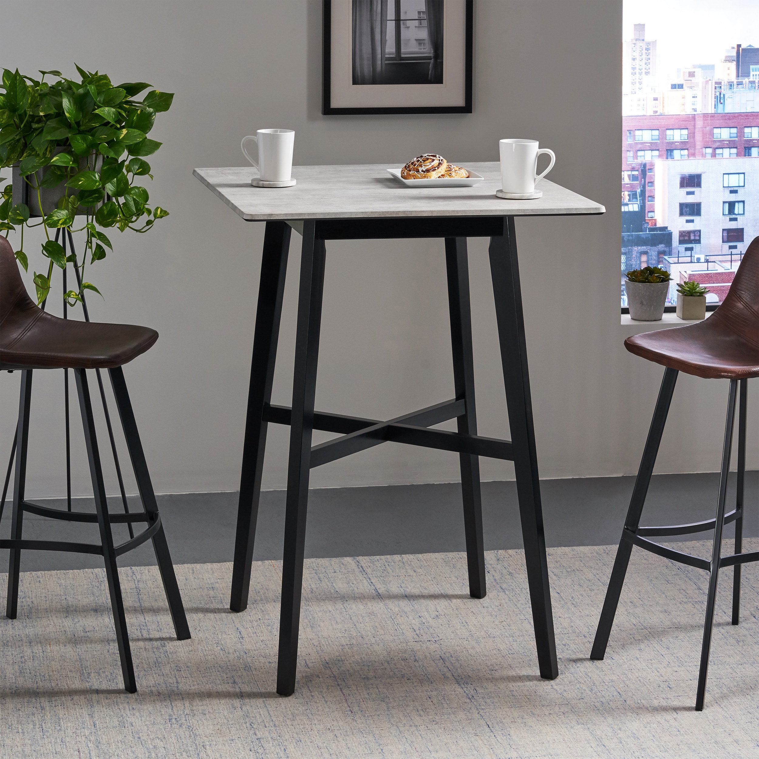 LOVMOR - 42 Inch Modern Bar Height Dining Table Rubberwood Legs Laminate Top Gray Black