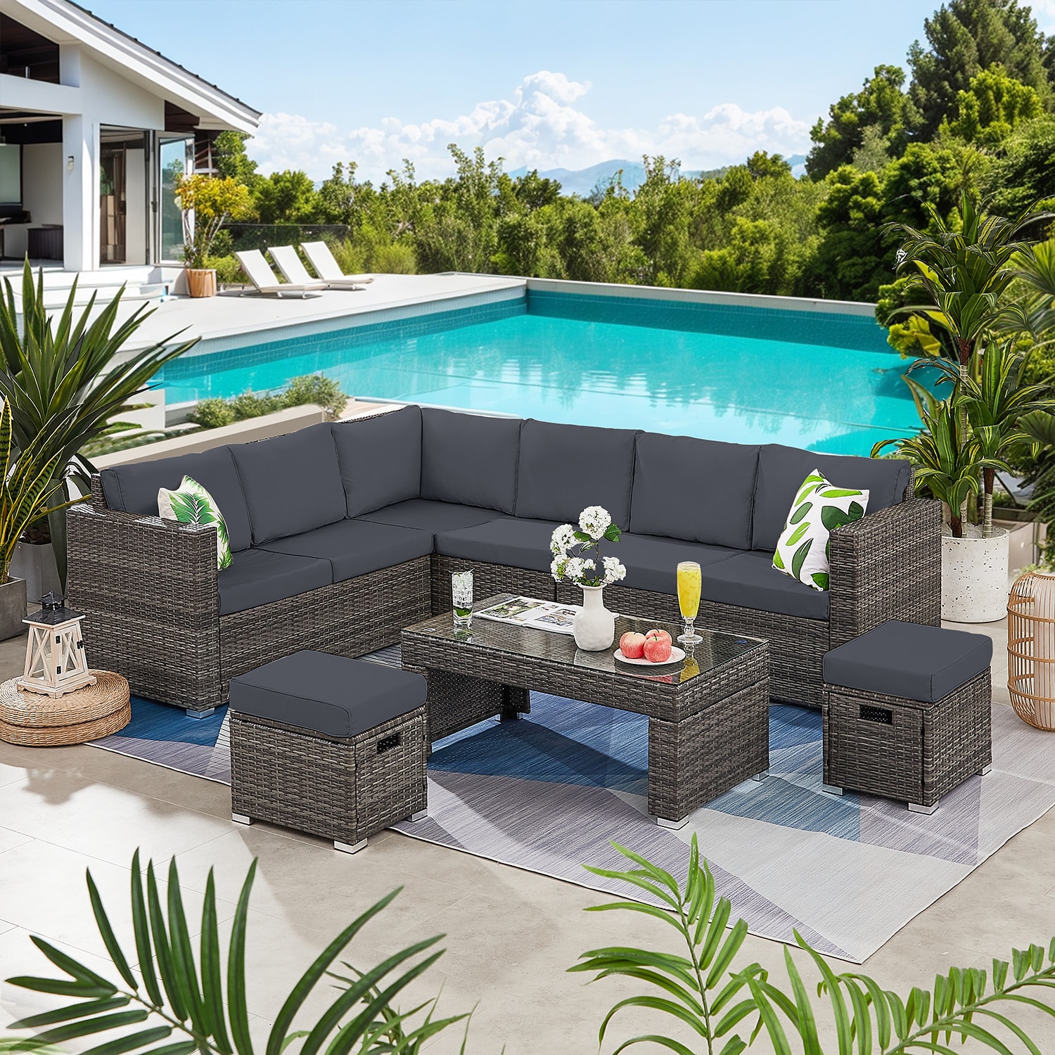 Bybafun Rattan Outdoor Sectional With Gray Cushion(S) And Rattan Frame ...