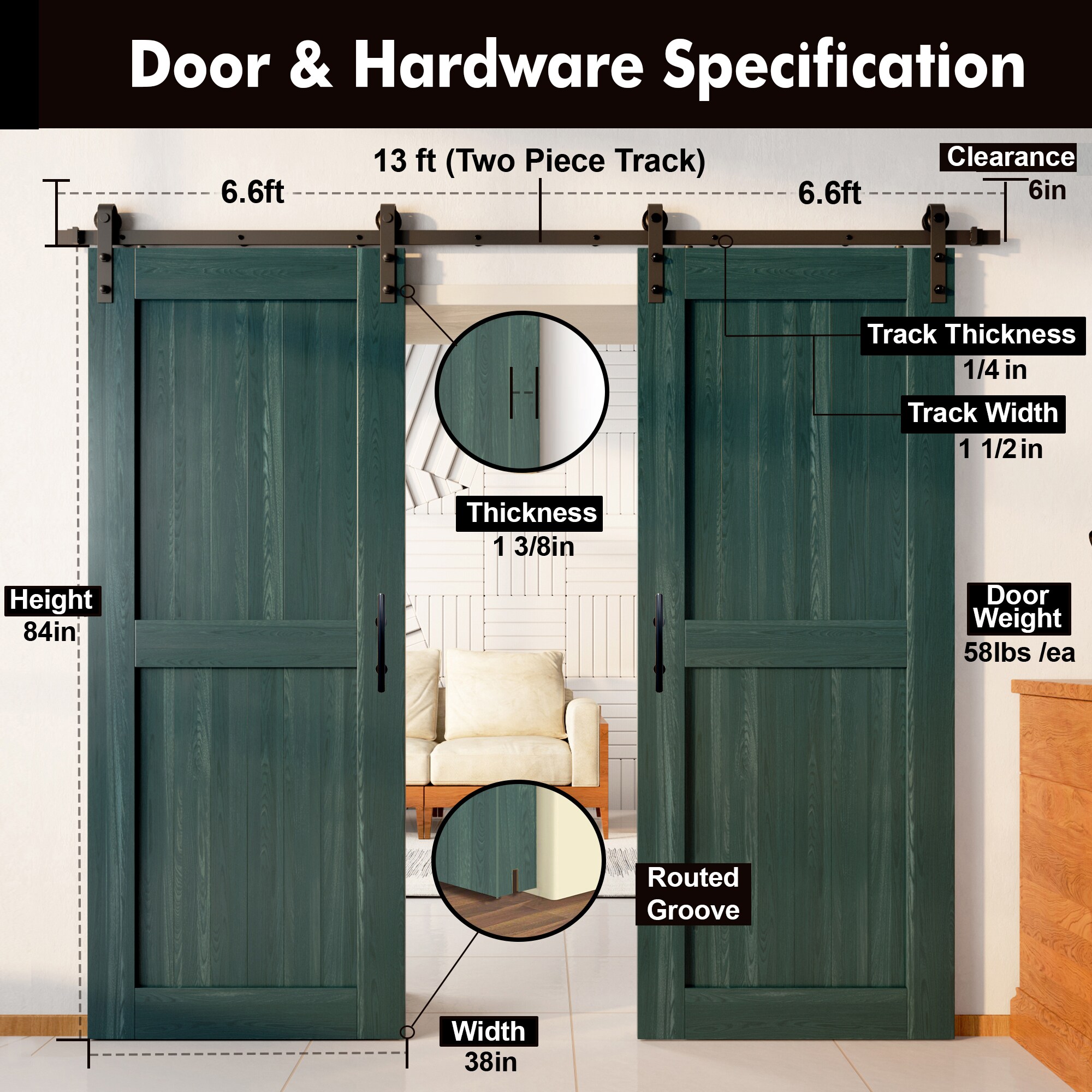 HOMACER YT2TGH156C-3884-H-RP Barn-Doors - View #7