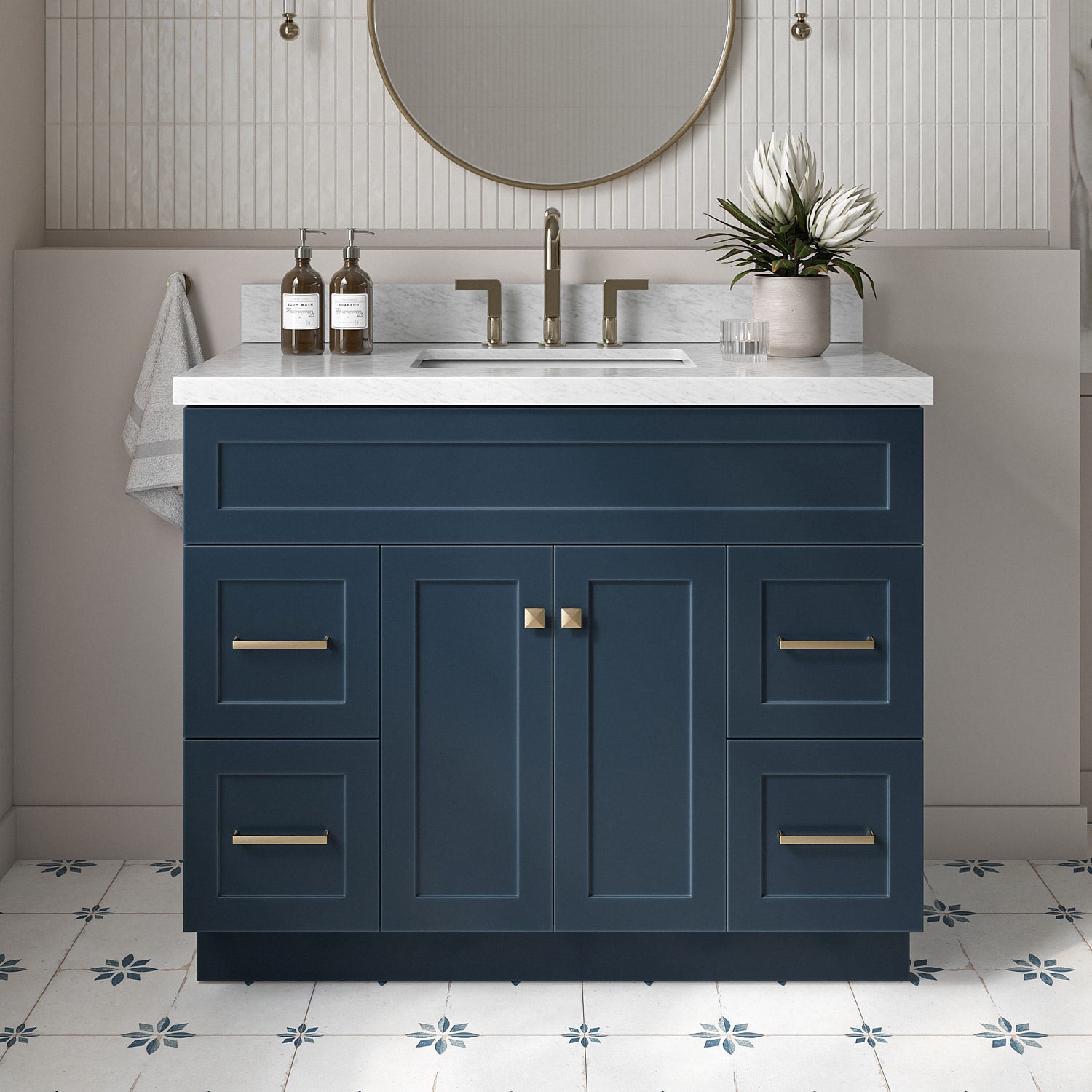 ARIEL F043SCWRVOMNB Hamlet 43-in Midnight Blue Undermount Single sink Bathroom Vanity with Carrara White Marble Marble Top